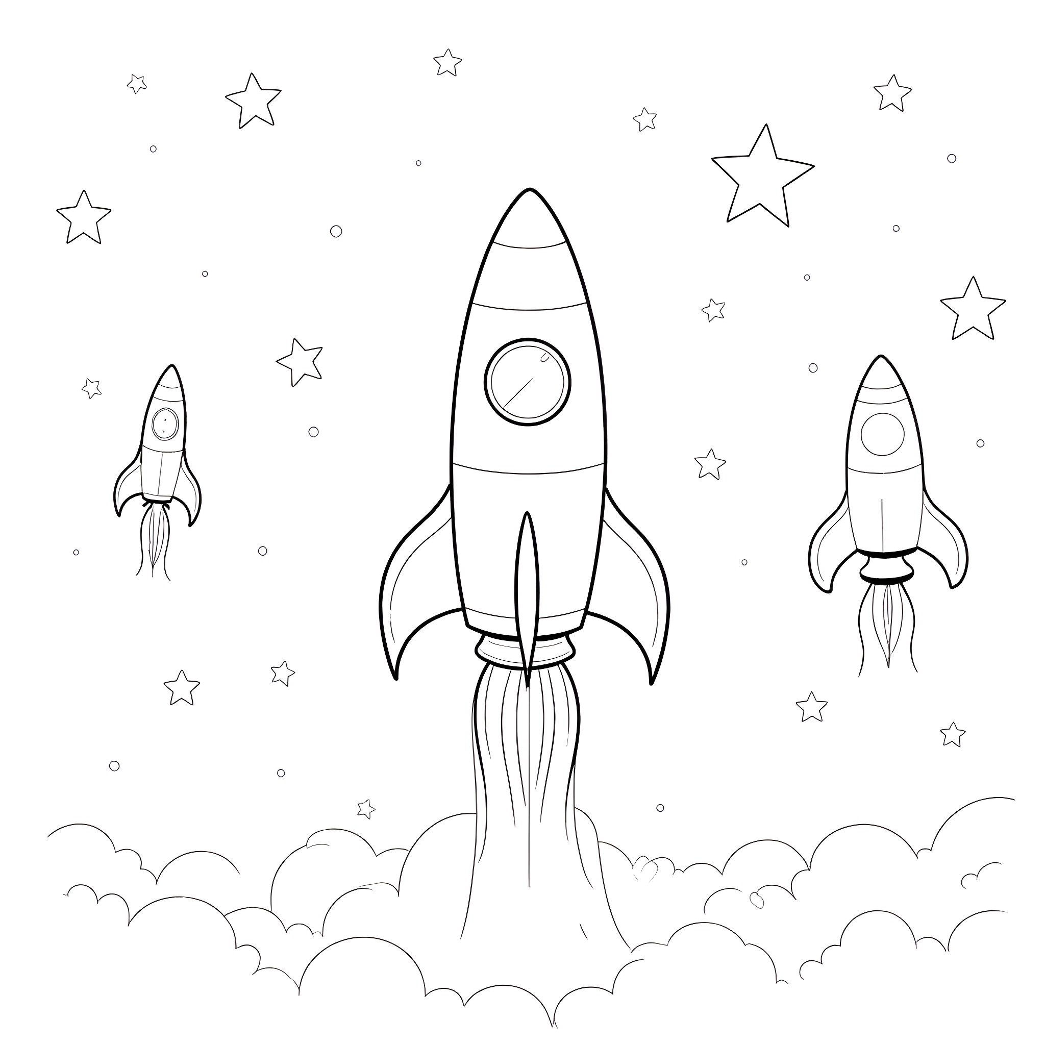 Rocket Ships Blasting Off to the Stars Coloring Page (free black-and-white line drawing printable PDF for all, from beginners to advanced learners, including children, teens, adults, and seniors)