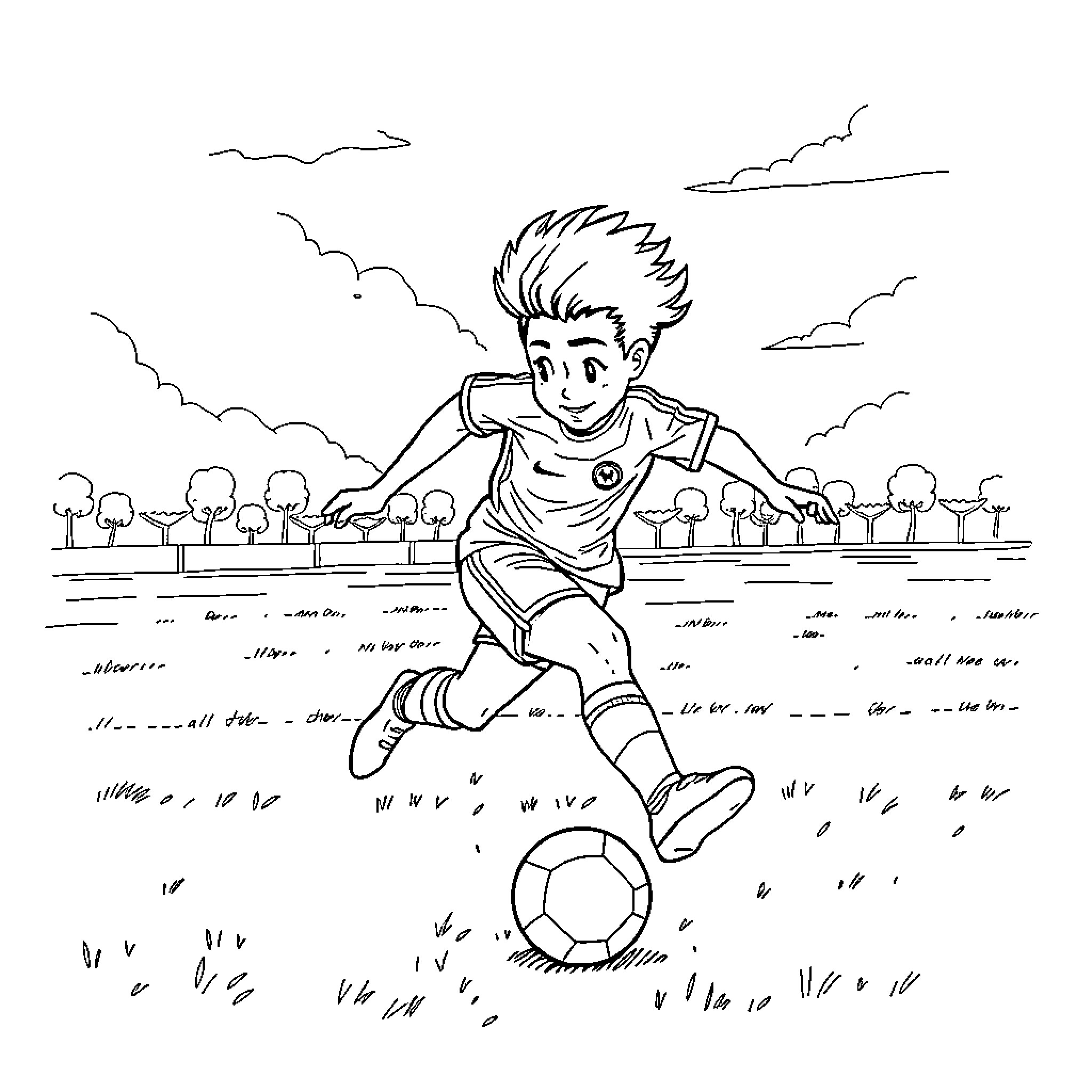 Raphinha playing soccer on a field Coloring Page (free black-and-white line drawing printable PDF for all, from beginners to advanced learners, including children, teens, adults, and seniors)