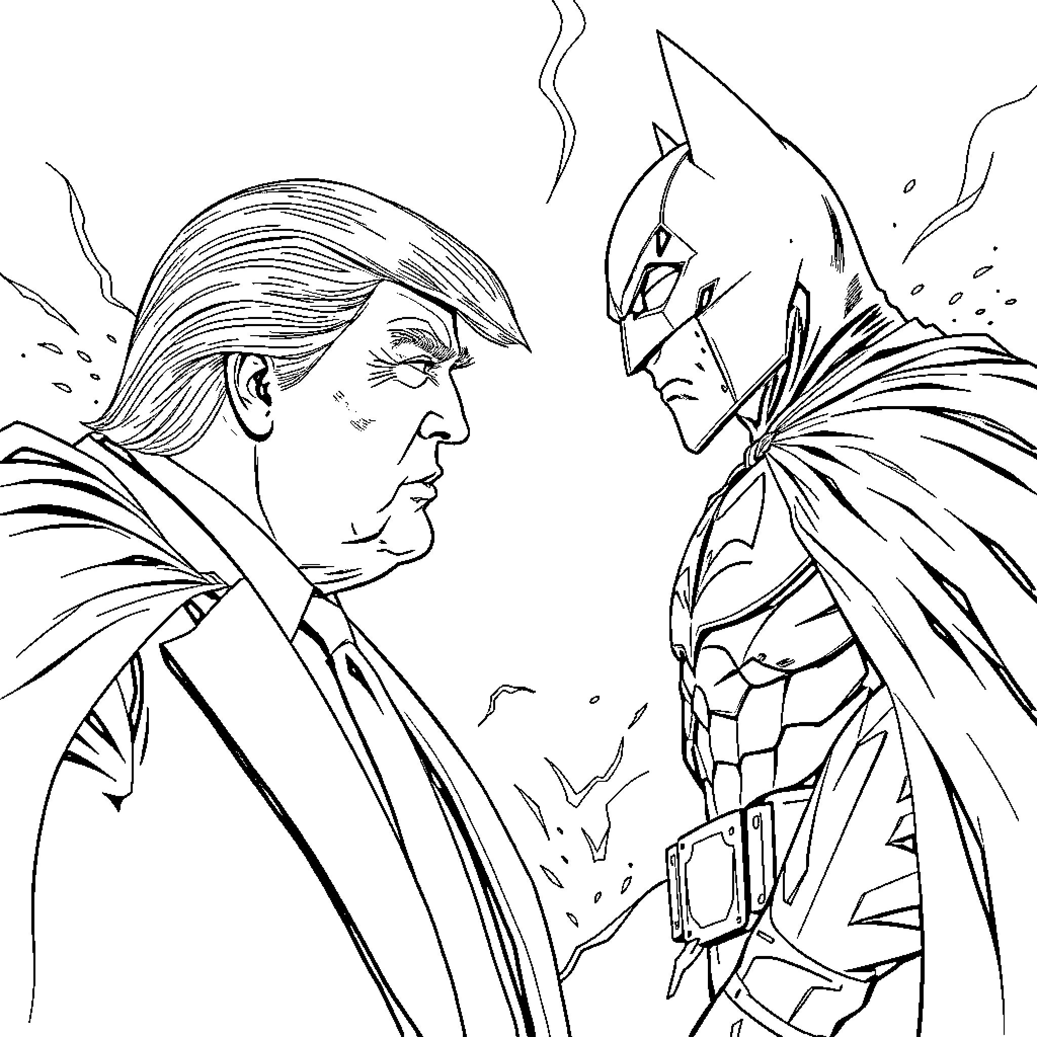 Donald Trump confronting Batman in a heated debate Coloring Page (free black-and-white line drawing printable PDF for all, from beginners to advanced learners, including children, teens, adults, and seniors)