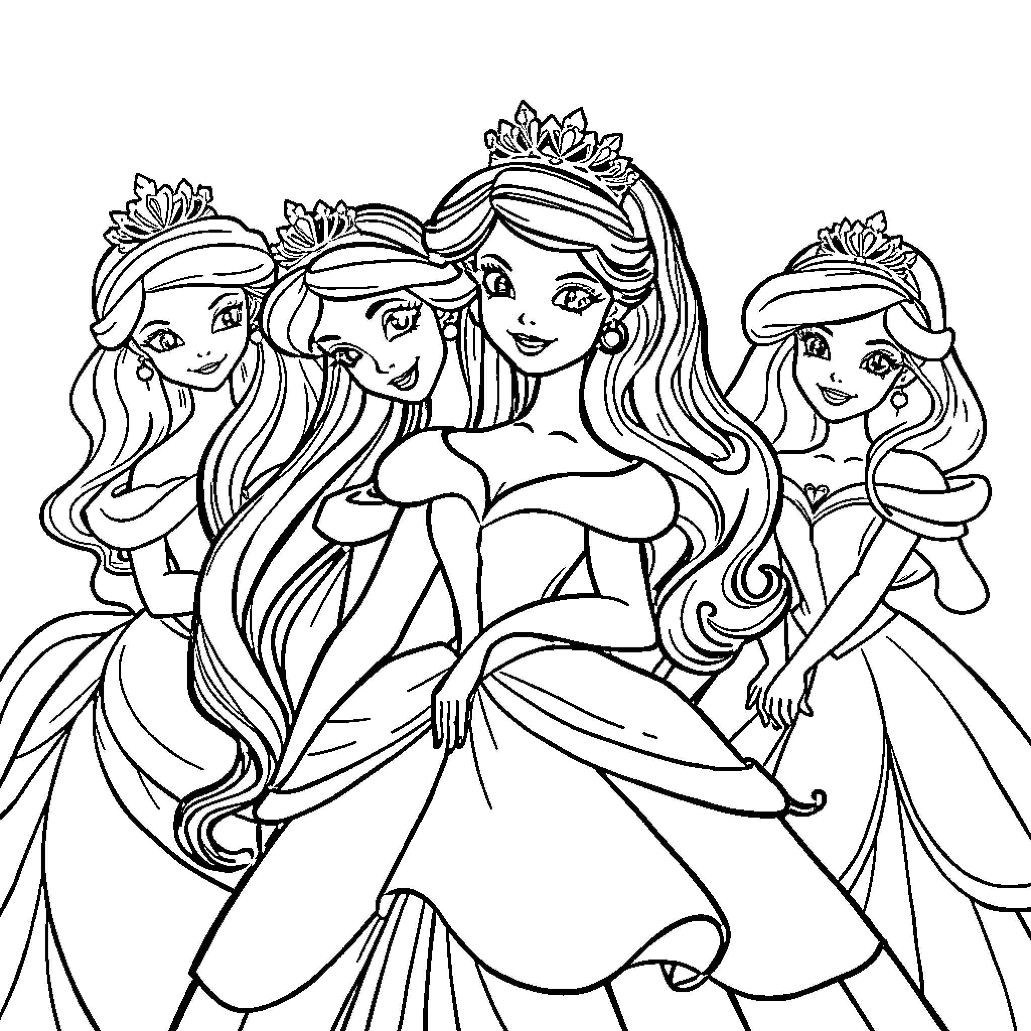 Disney Princess Friends in Elegant Gowns Coloring Page (free black-and-white line drawing printable PDF for all, from beginners to advanced learners, including children, teens, adults, and seniors)
