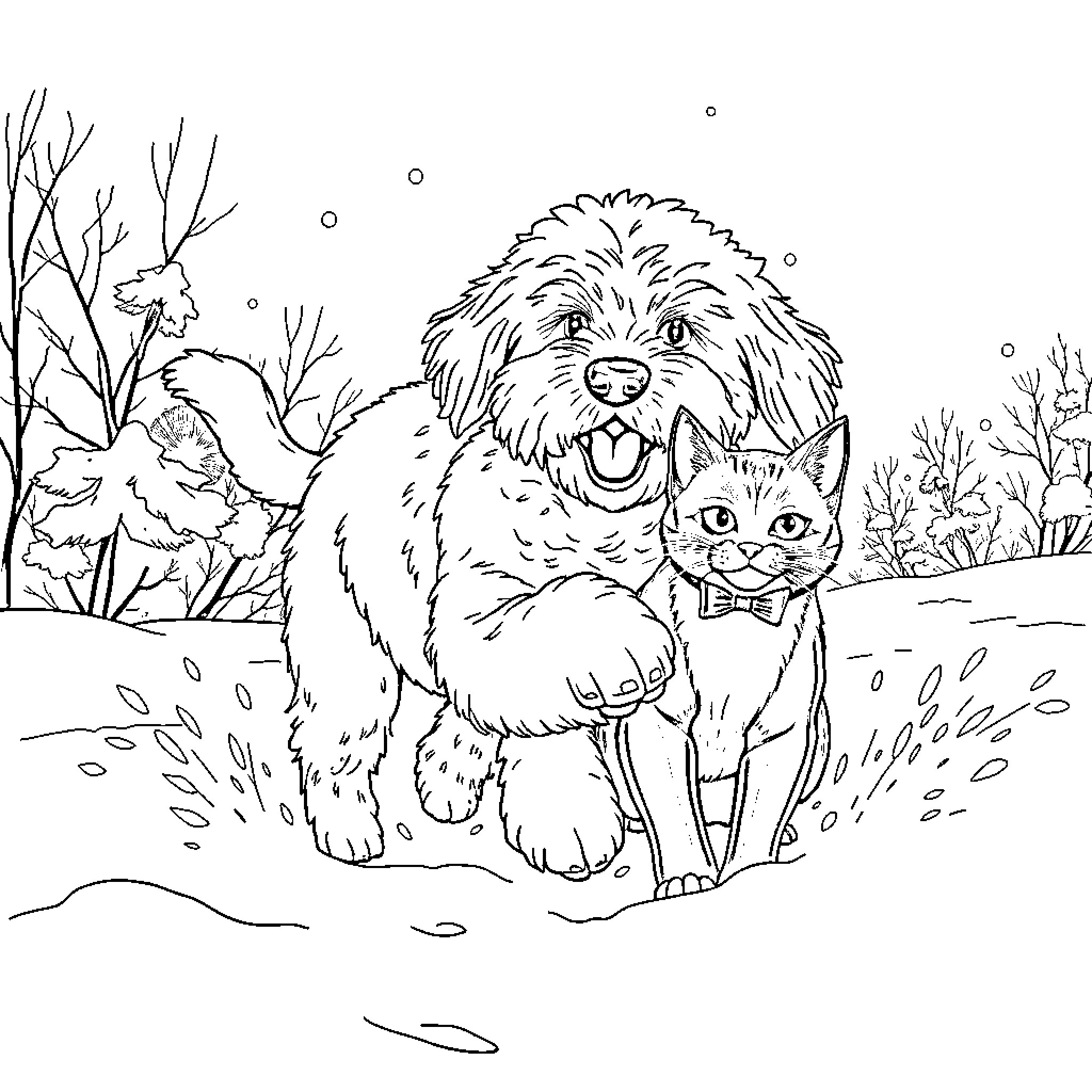 Labradoodle and cat playing in the snowy forest Coloring Page (free black-and-white line drawing printable PDF for all, from beginners to advanced learners, including children, teens, adults, and seniors)