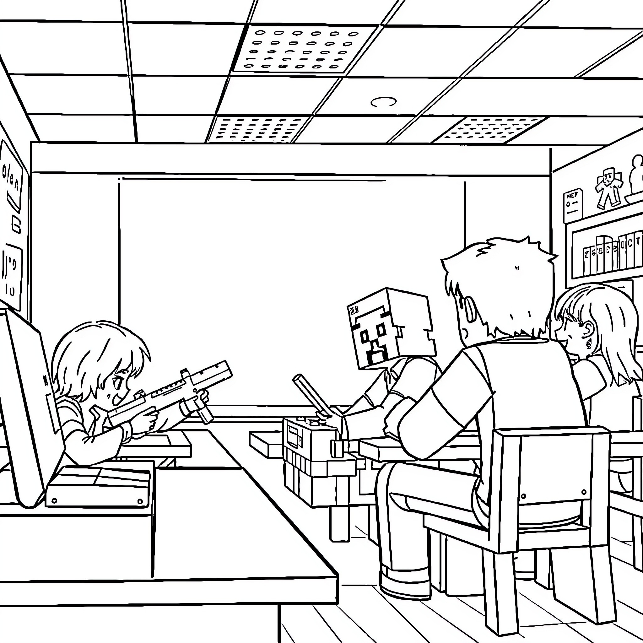 Minecraft characters studying in a classroom Coloring Page (free black-and-white line drawing printable PDF for all, from beginners to advanced learners, including children, teens, adults, and seniors)