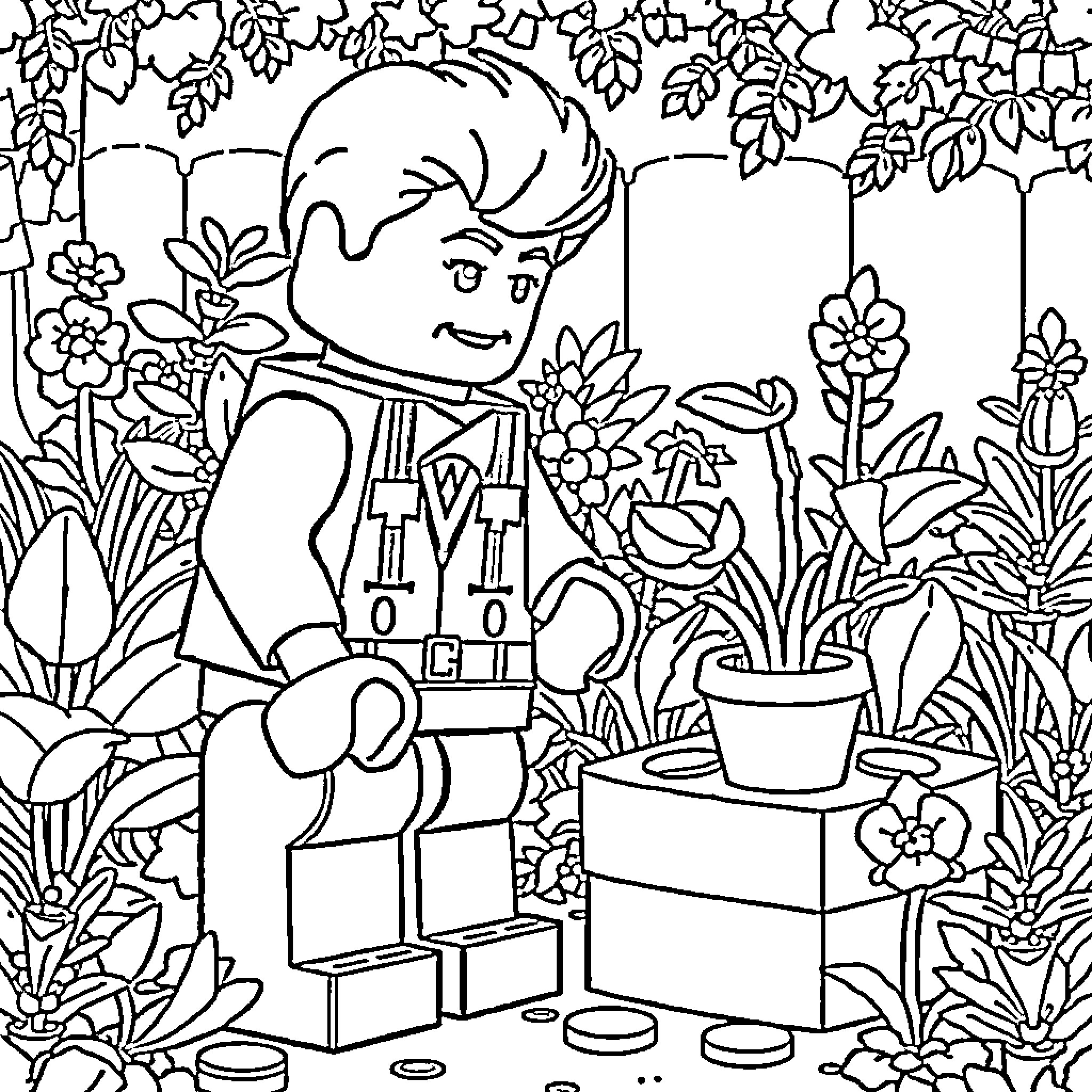 Barman tending to plants in a lush garden Coloring Page (free black-and-white line drawing printable PDF for all, from beginners to advanced learners, including children, teens, adults, and seniors)
