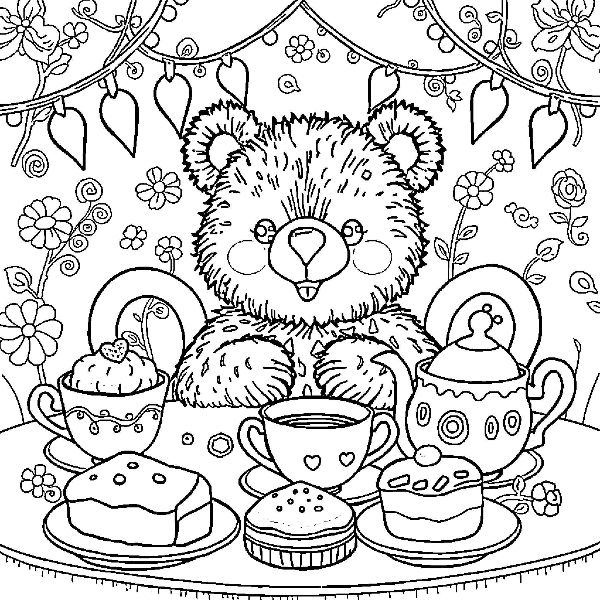 Bear enjoying cozy tea time with sweets Coloring Page (free black-and-white line drawing printable PDF for all, from beginners to advanced learners, including children, teens, adults, and seniors)