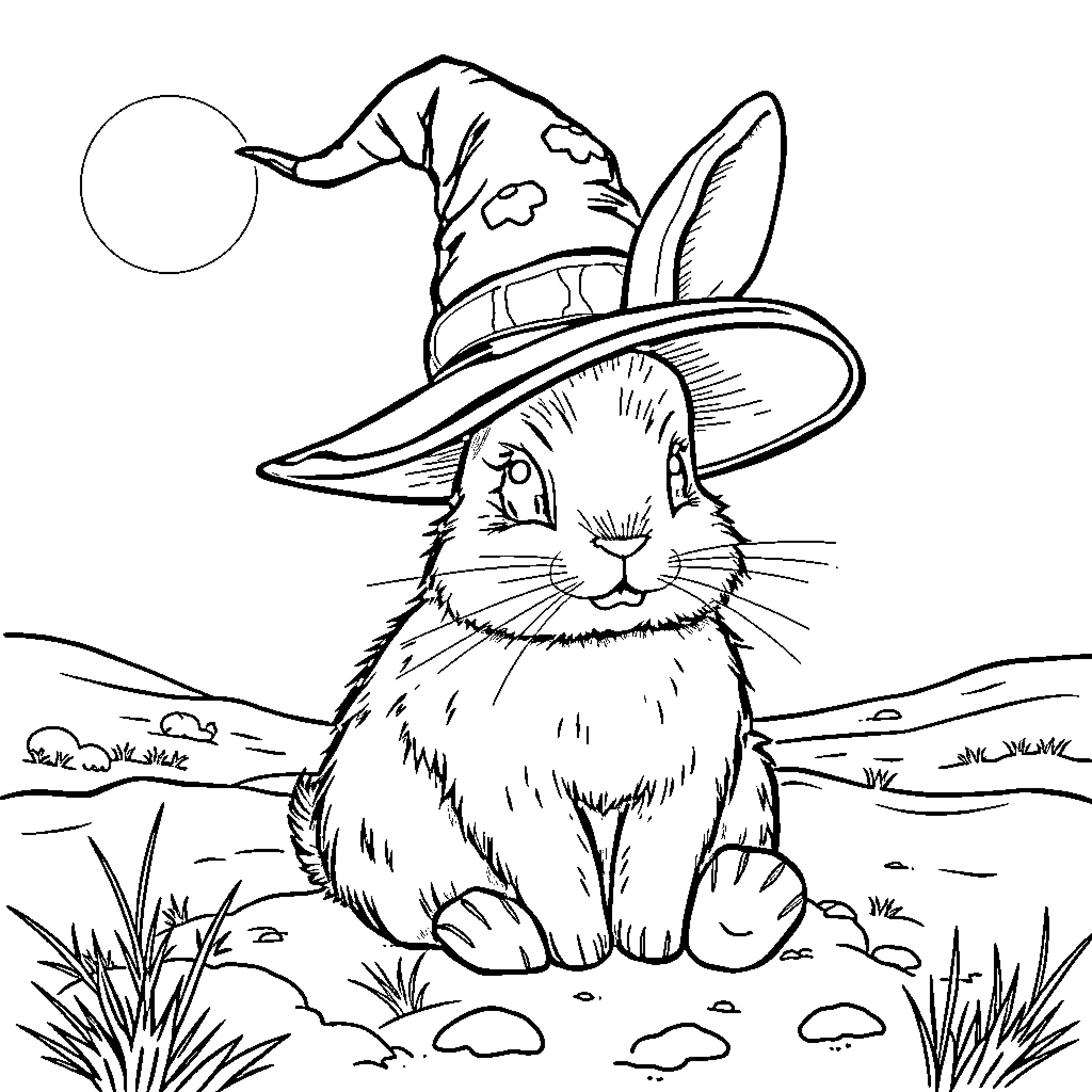 Bunny wearing a magical hat in the wilderness Coloring Page (free black-and-white line drawing printable PDF for all, from beginners to advanced learners, including children, teens, adults, and seniors)