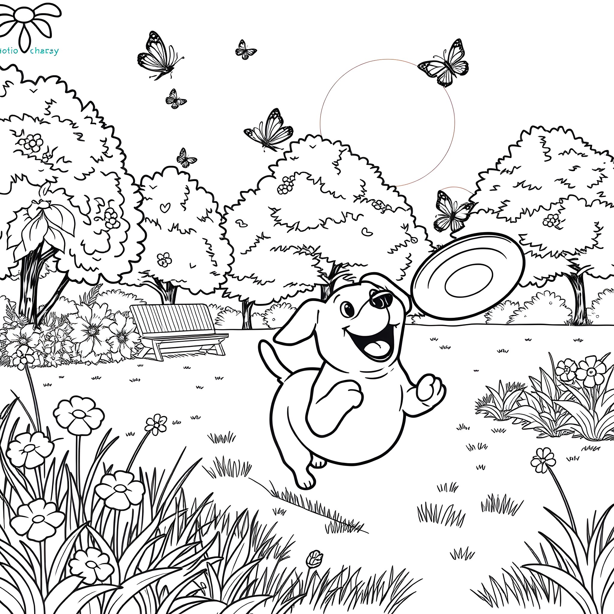 Hotdog character playing happily in the park Coloring Page (free black-and-white line drawing printable PDF for all, from beginners to advanced learners, including children, teens, adults, and seniors)