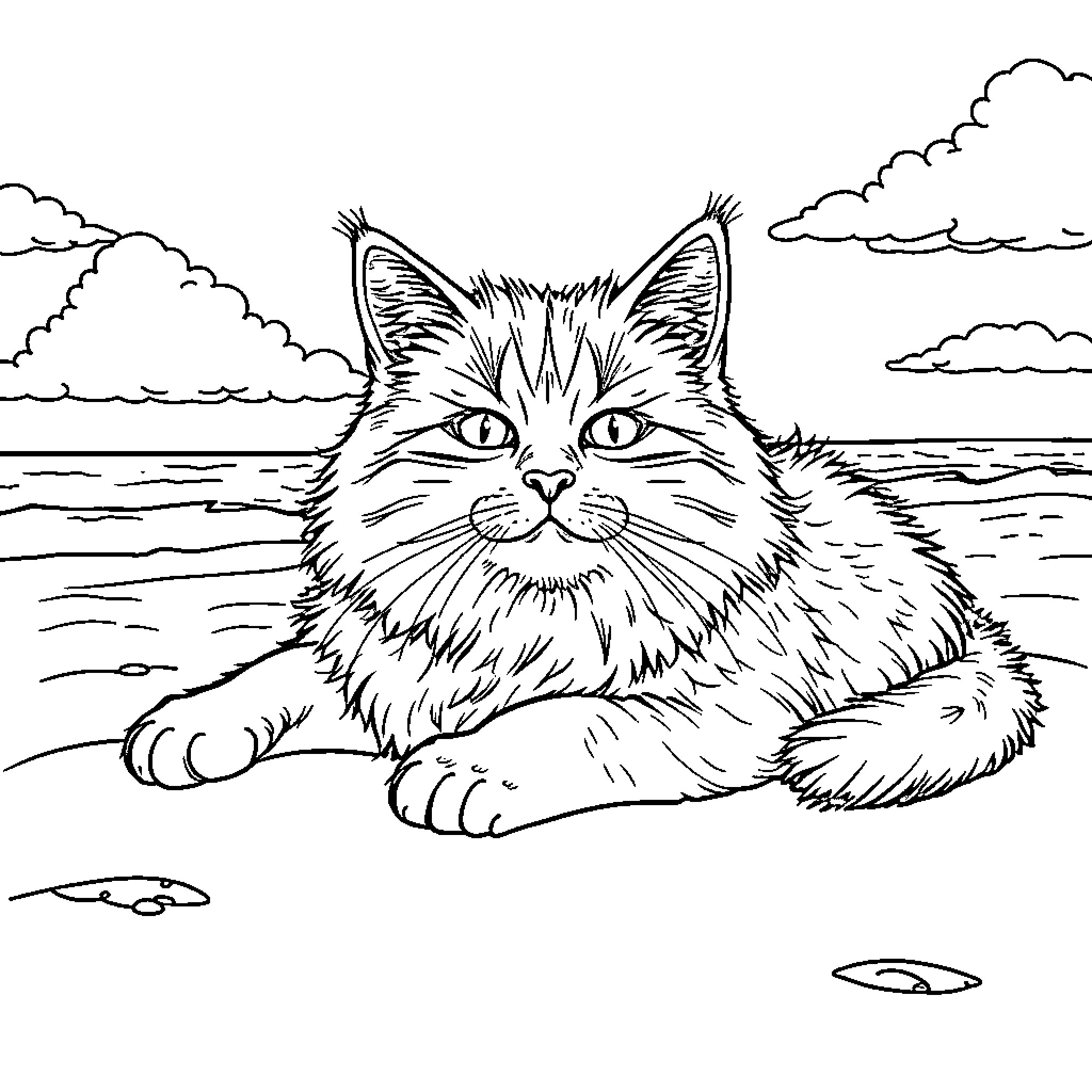 Cat lounging by the serene ocean Coloring Page (free black-and-white line drawing printable PDF for all, from beginners to advanced learners, including children, teens, adults, and seniors)