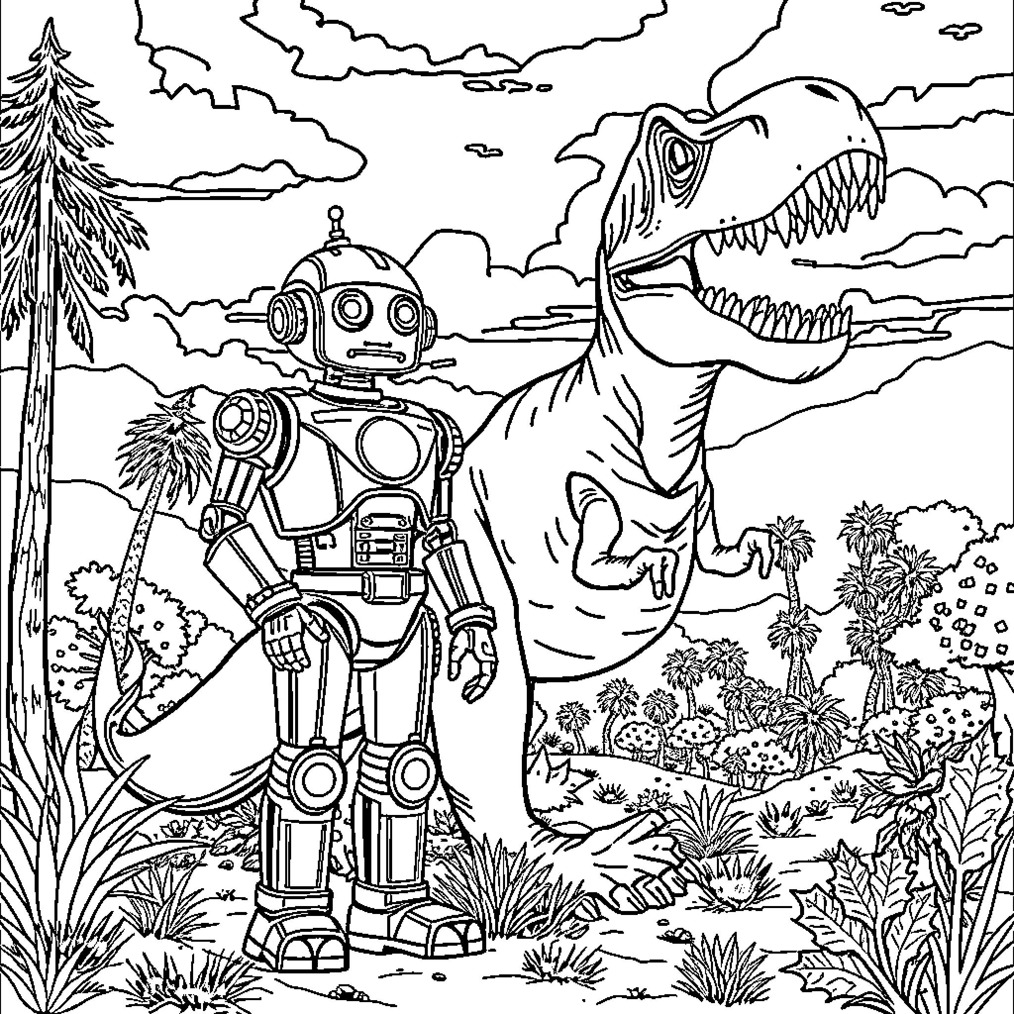 Robot exploring prehistoric landscape with giant dinosaur Coloring Page (free black-and-white line drawing printable PDF for all, from beginners to advanced learners, including children, teens, adults, and seniors)