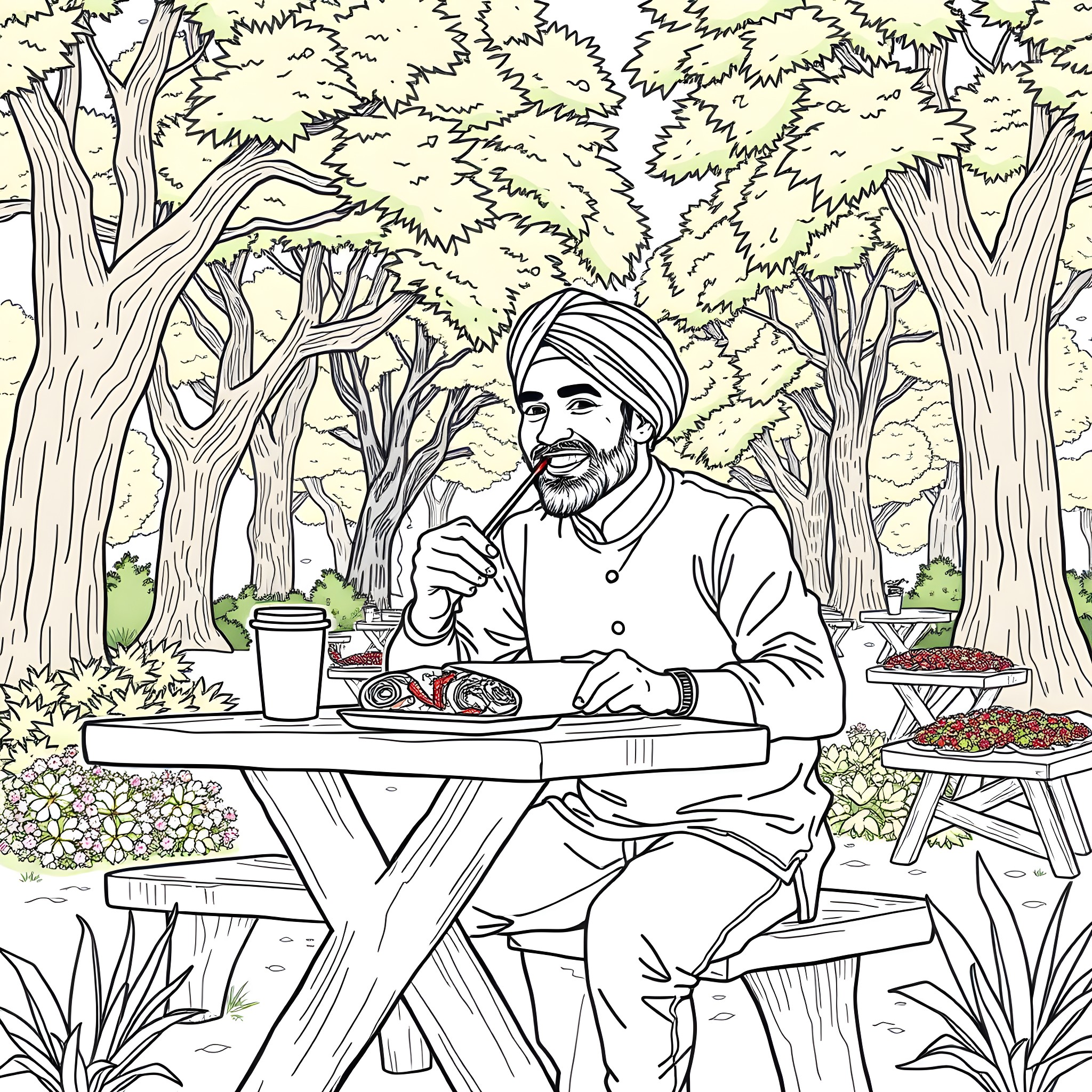 Punjabi man enjoying a meal in a peaceful garden Coloring Page (free black-and-white line drawing printable PDF for all, from beginners to advanced learners, including children, teens, adults, and seniors)