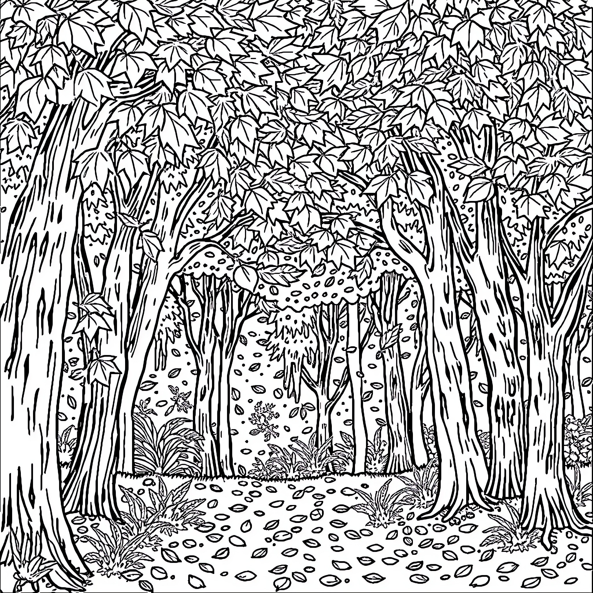 Autumn Woodland Scene with Lush Foliage Coloring Page (free black-and-white line drawing printable PDF for all, from beginners to advanced learners, including children, teens, adults, and seniors)