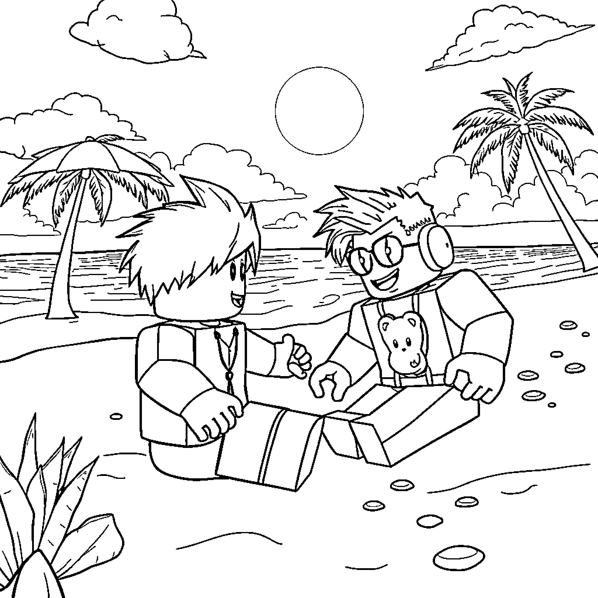 Roblox characters enjoying a tropical beach scene Coloring Page (free black-and-white line drawing printable PDF for all, from beginners to advanced learners, including children, teens, adults, and seniors)
