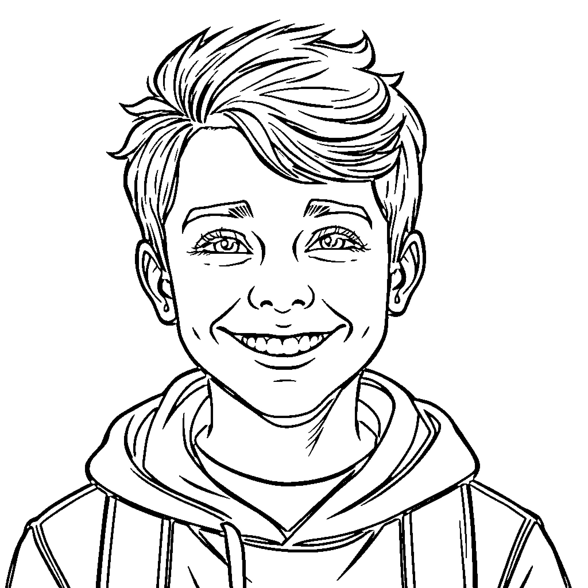 Teen Boy Joyfully Smiling with Windswept Hair Coloring Page (free black-and-white line drawing printable PDF for all, from beginners to advanced learners, including children, teens, adults, and seniors)