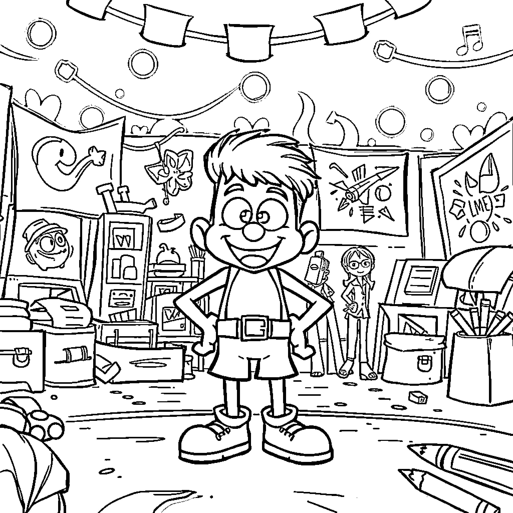 Dave's Colorful Classroom Adventures Coloring Page (free black-and-white line drawing printable PDF for all, from beginners to advanced learners, including children, teens, adults, and seniors)