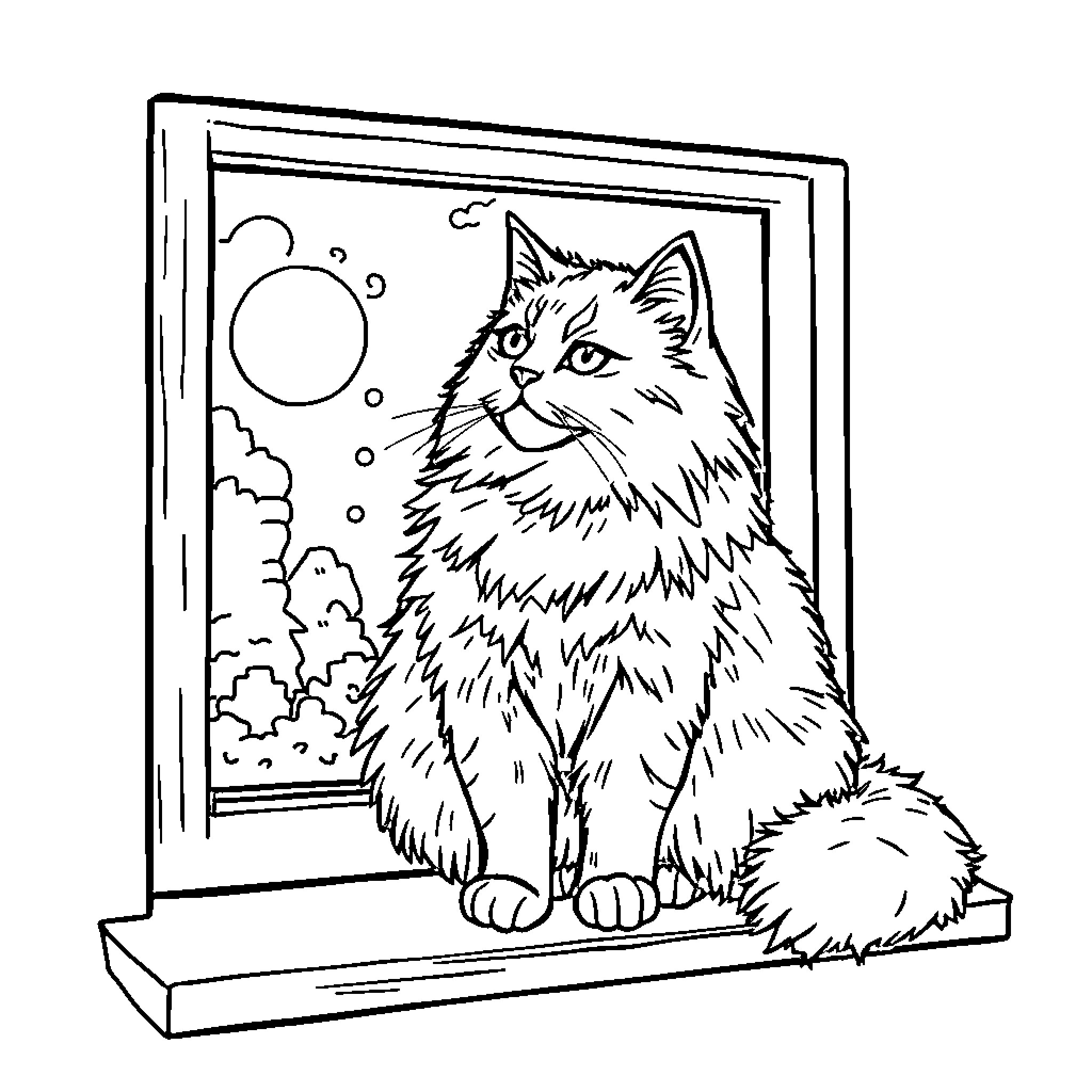 Cat admiring the view through a window Coloring Page (free black-and-white line drawing printable PDF for all, from beginners to advanced learners, including children, teens, adults, and seniors)