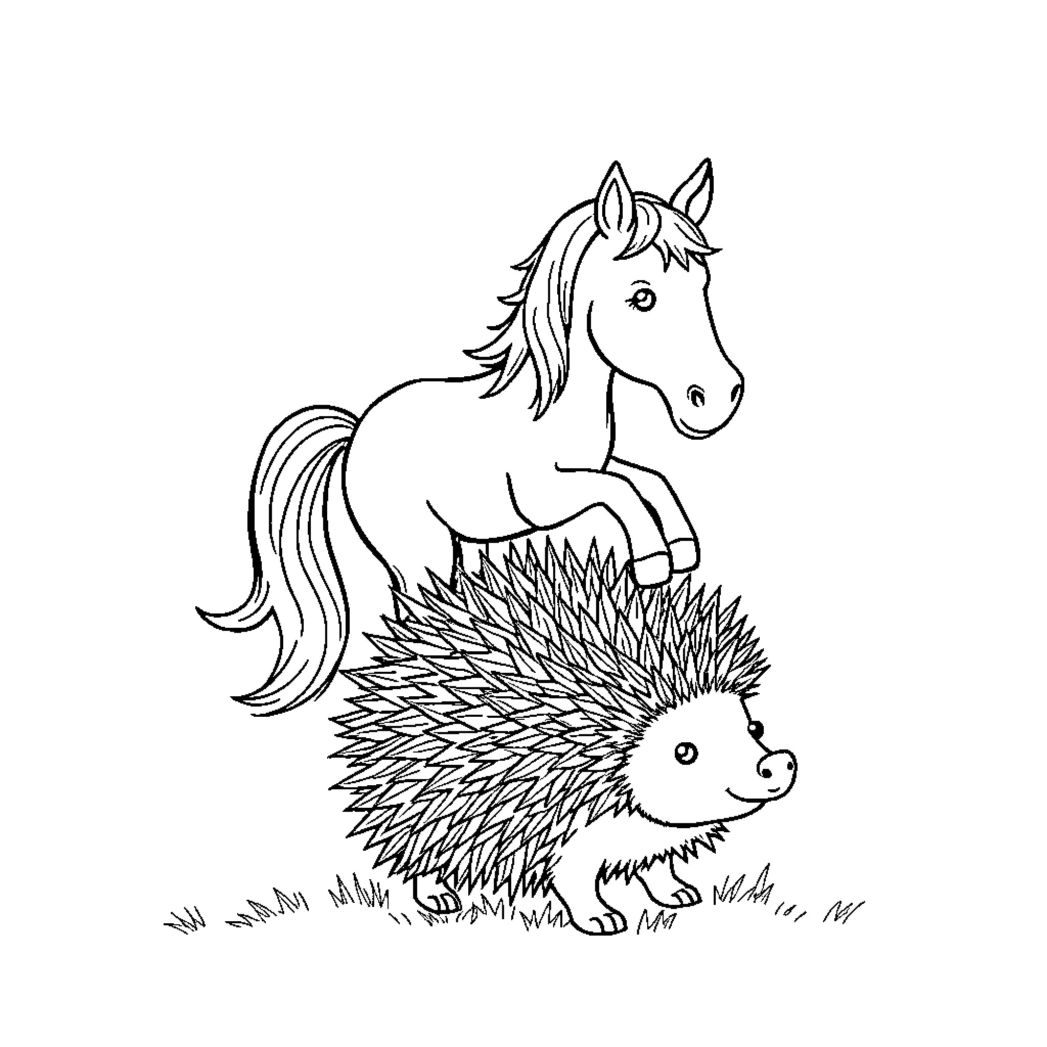 Horse and Hedgehog Playing Together Coloring Page (free black-and-white line drawing printable PDF for all, from beginners to advanced learners, including children, teens, adults, and seniors)