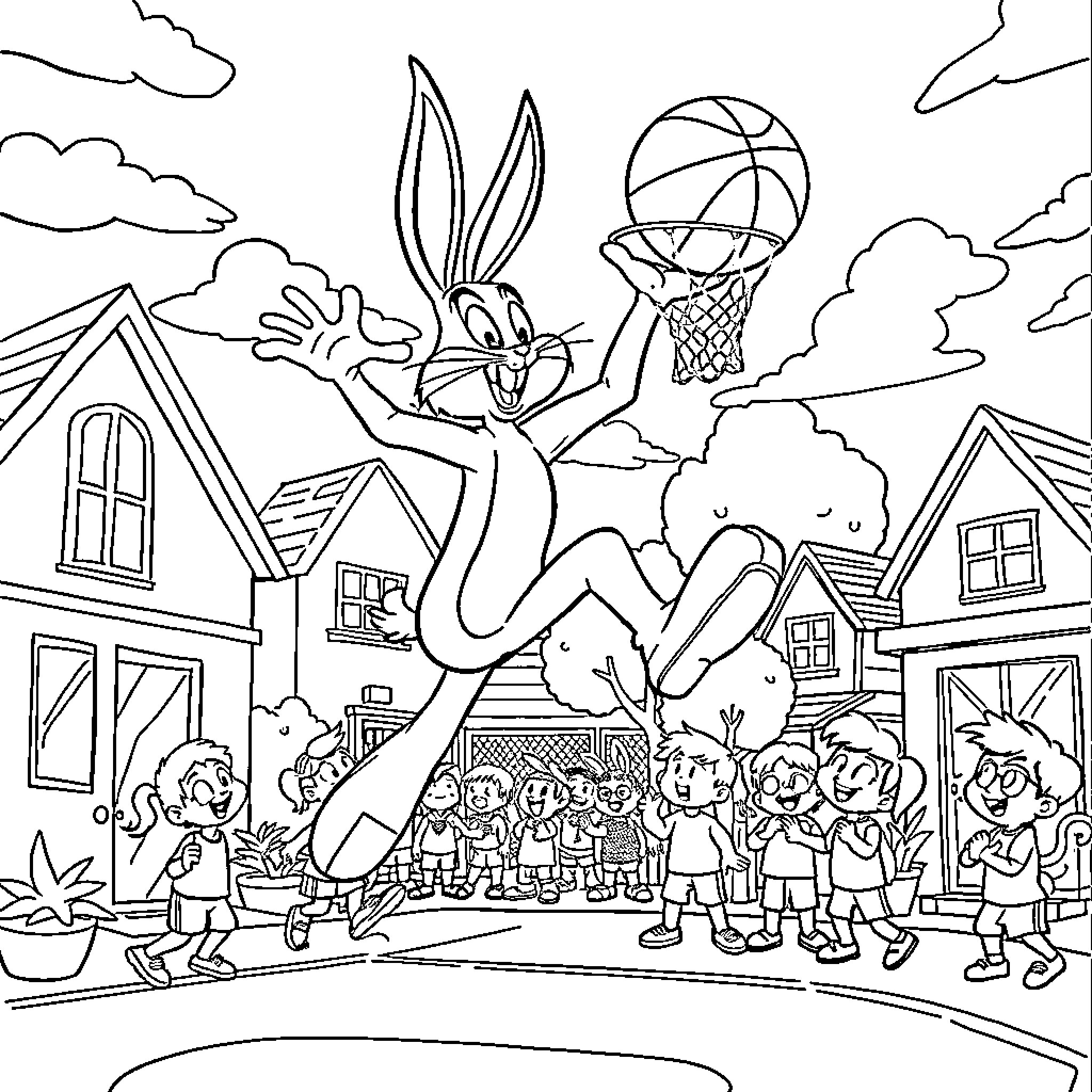 Bugs Bunny playing basketball with children in the neighborhood Coloring Page (free black-and-white line drawing printable PDF for all, from beginners to advanced learners, including children, teens, adults, and seniors)