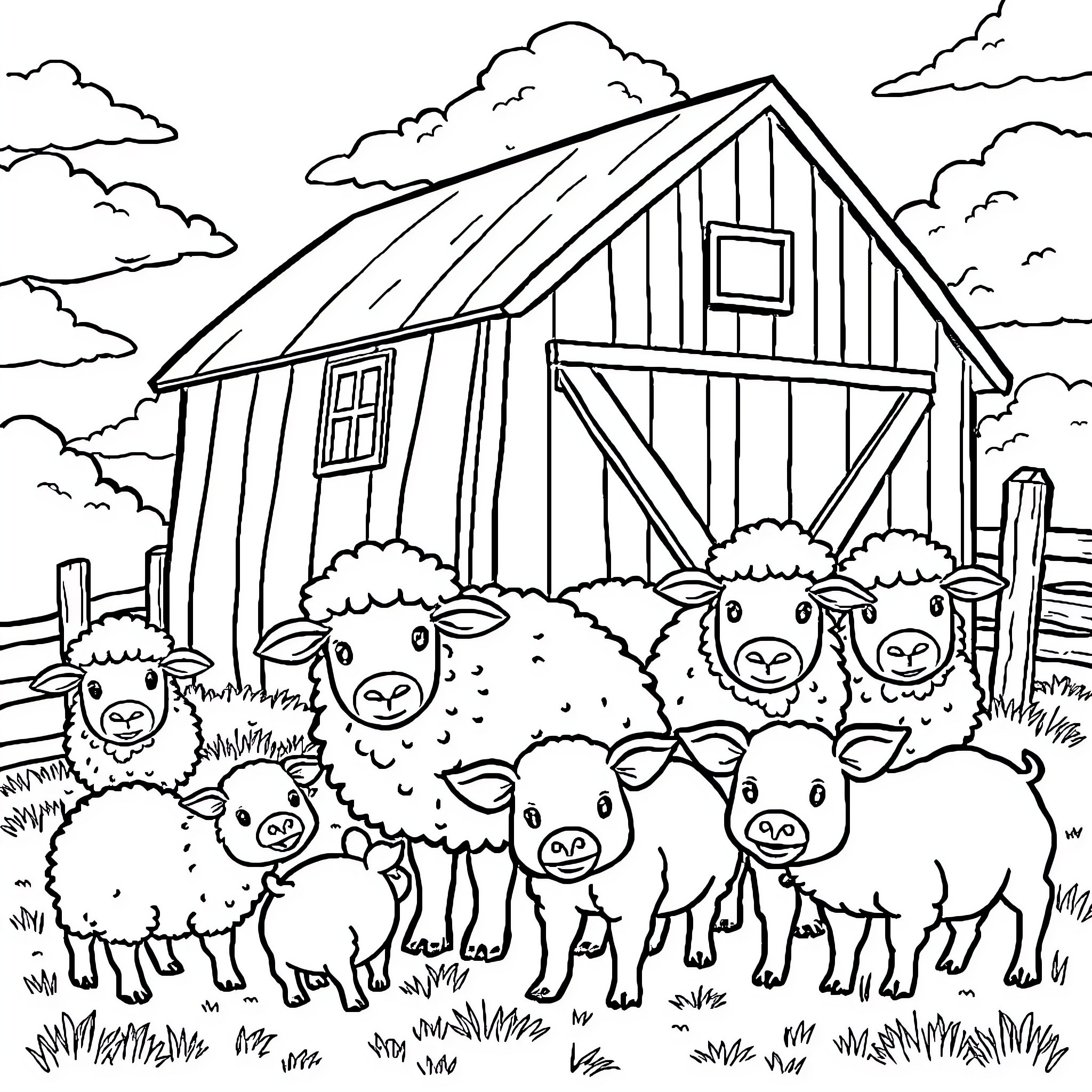 Farm Animals Frolicking Around Rustic Barn Coloring Page (free black-and-white line drawing printable PDF for all, from beginners to advanced learners, including children, teens, adults, and seniors)