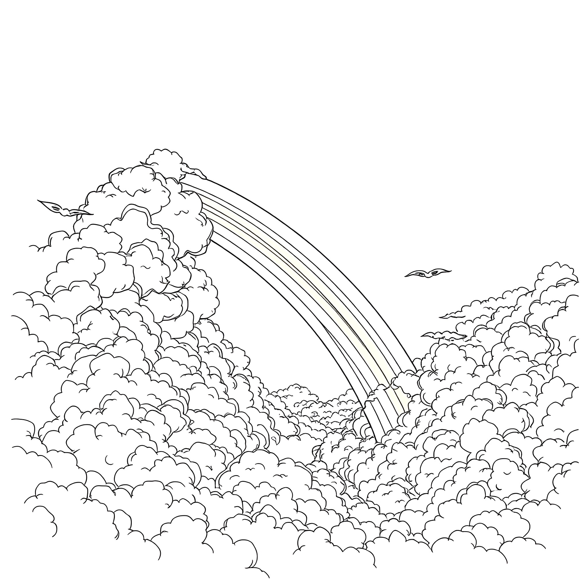 Great Spirit's Rainbow Across Cloudy Skies Coloring Page (free black-and-white line drawing printable PDF for all, from beginners to advanced learners, including children, teens, adults, and seniors)