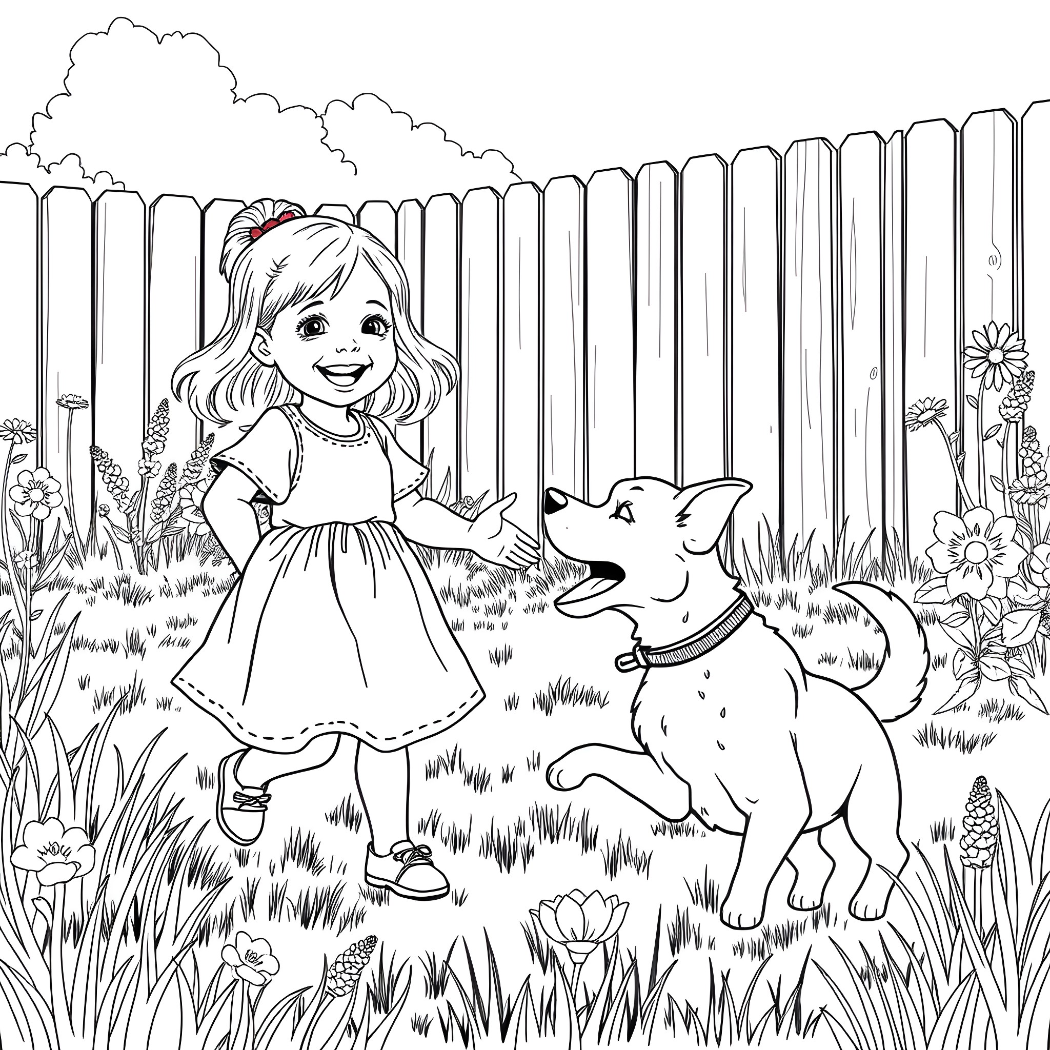 Girl playing joyfully with her dog in a garden Coloring Page (free black-and-white line drawing printable PDF for all, from beginners to advanced learners, including children, teens, adults, and seniors)