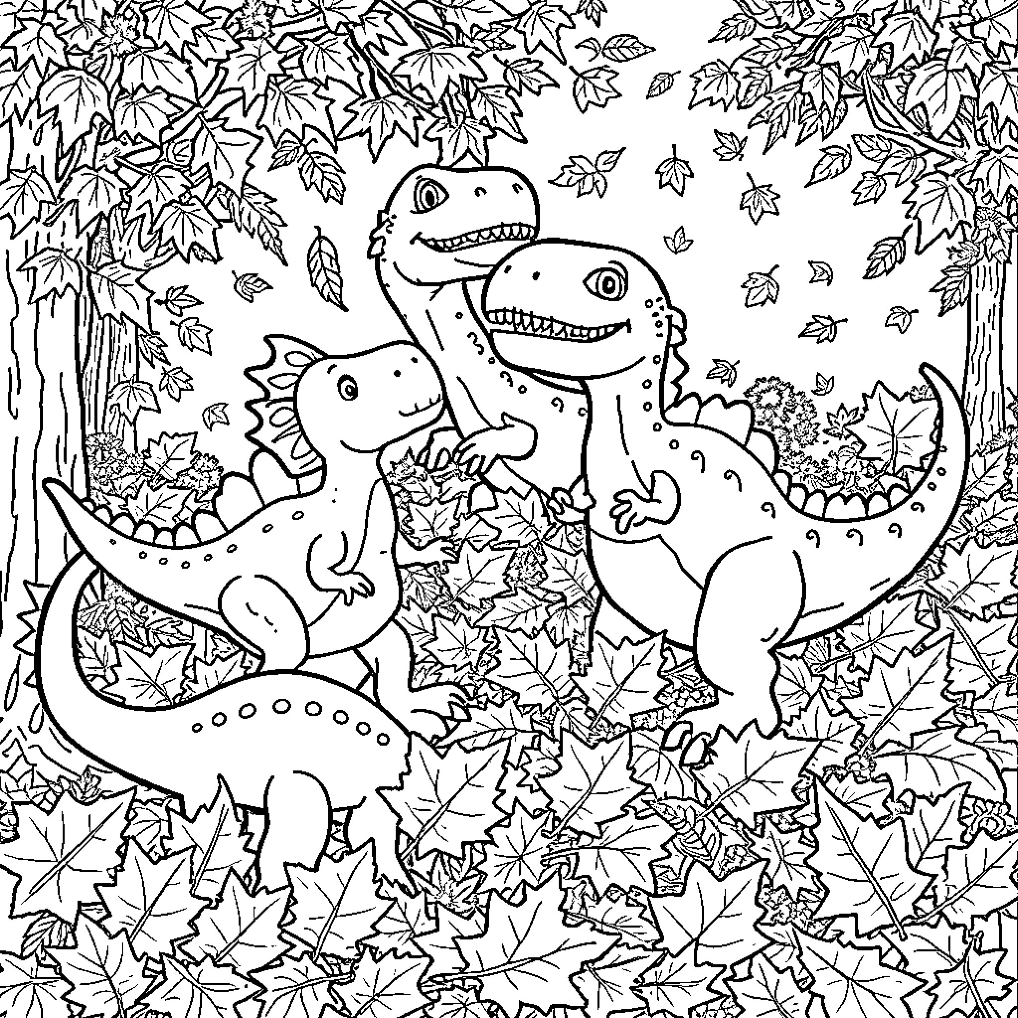 Dinosaur friends playing in the autumn leaves Coloring Page (free black-and-white line drawing printable PDF for all, from beginners to advanced learners, including children, teens, adults, and seniors)