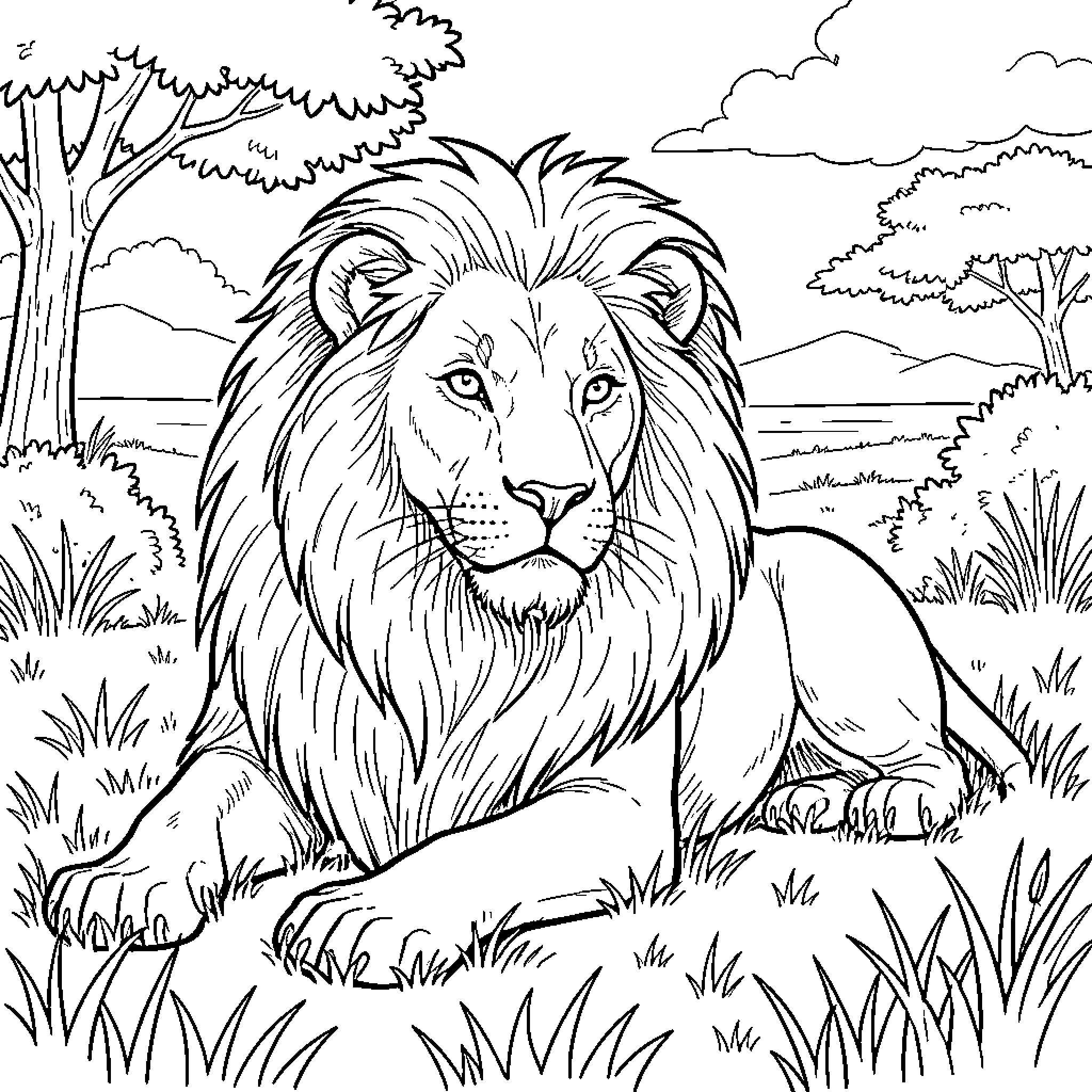 Lion resting majestically in the wild savanna Coloring Page (free black-and-white line drawing printable PDF for all, from beginners to advanced learners, including children, teens, adults, and seniors)