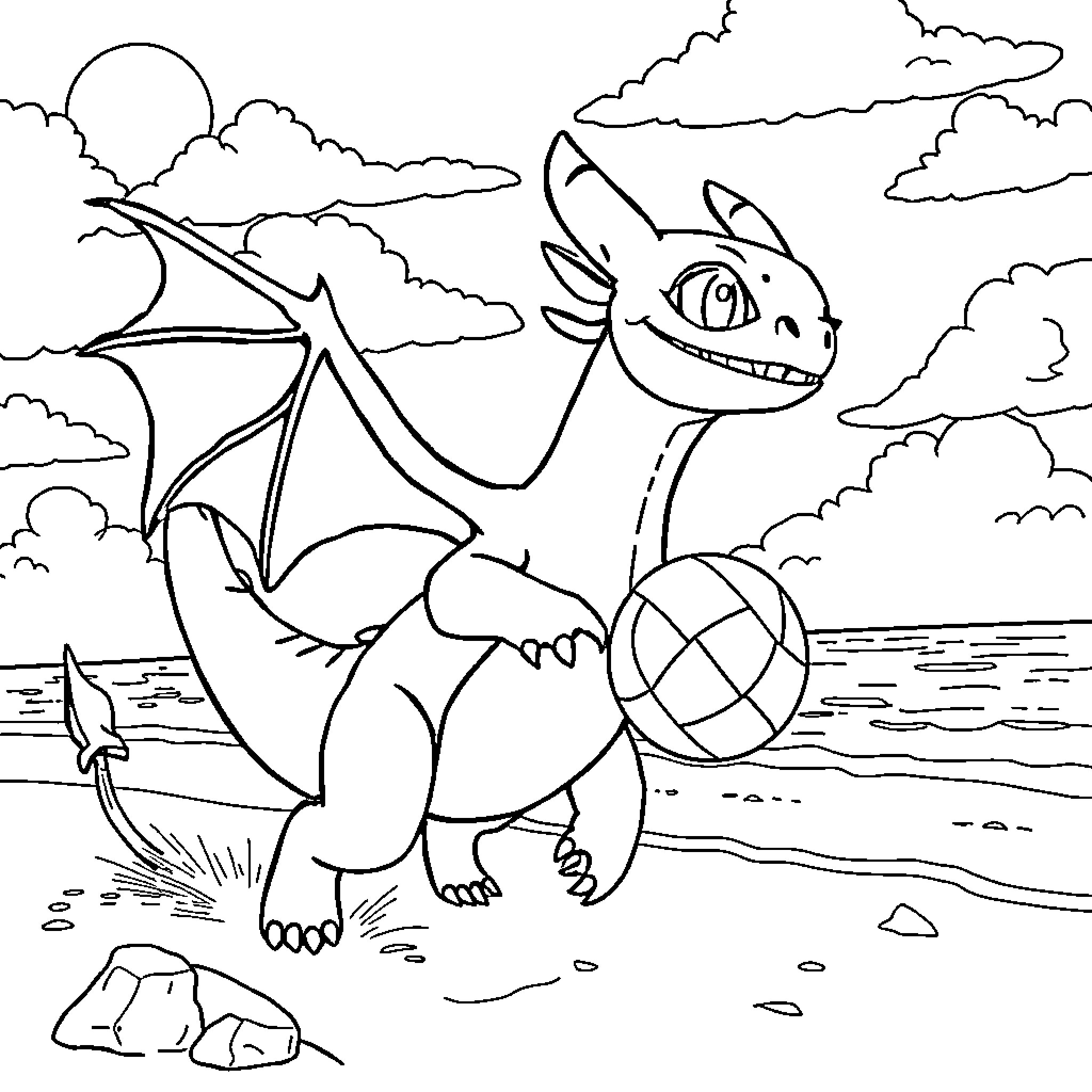 Toothless dragon playing with beach ball on the shore Coloring Page (free black-and-white line drawing printable PDF for all, from beginners to advanced learners, including children, teens, adults, and seniors)