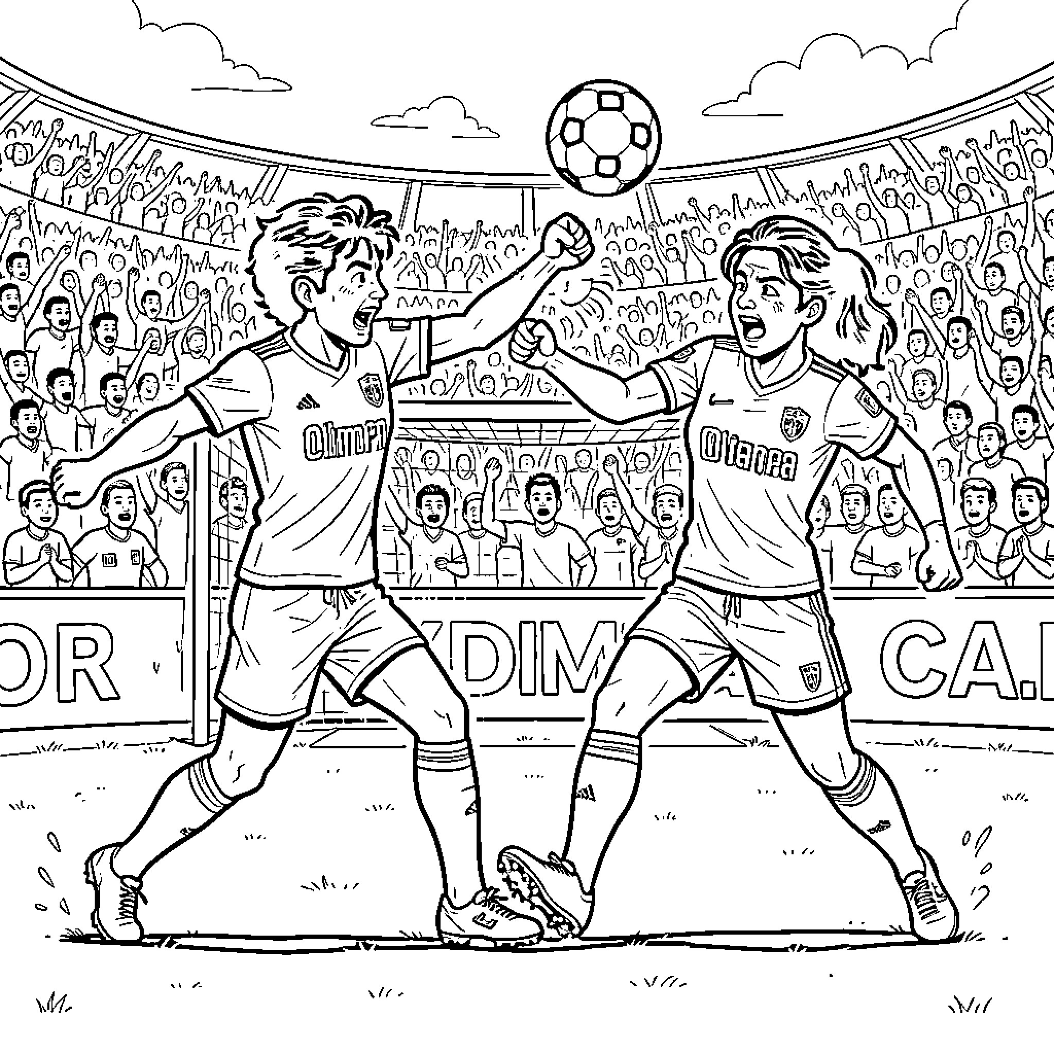Olimpia athletes playing soccer in a crowded stadium Coloring Page (free black-and-white line drawing printable PDF for all, from beginners to advanced learners, including children, teens, adults, and seniors)