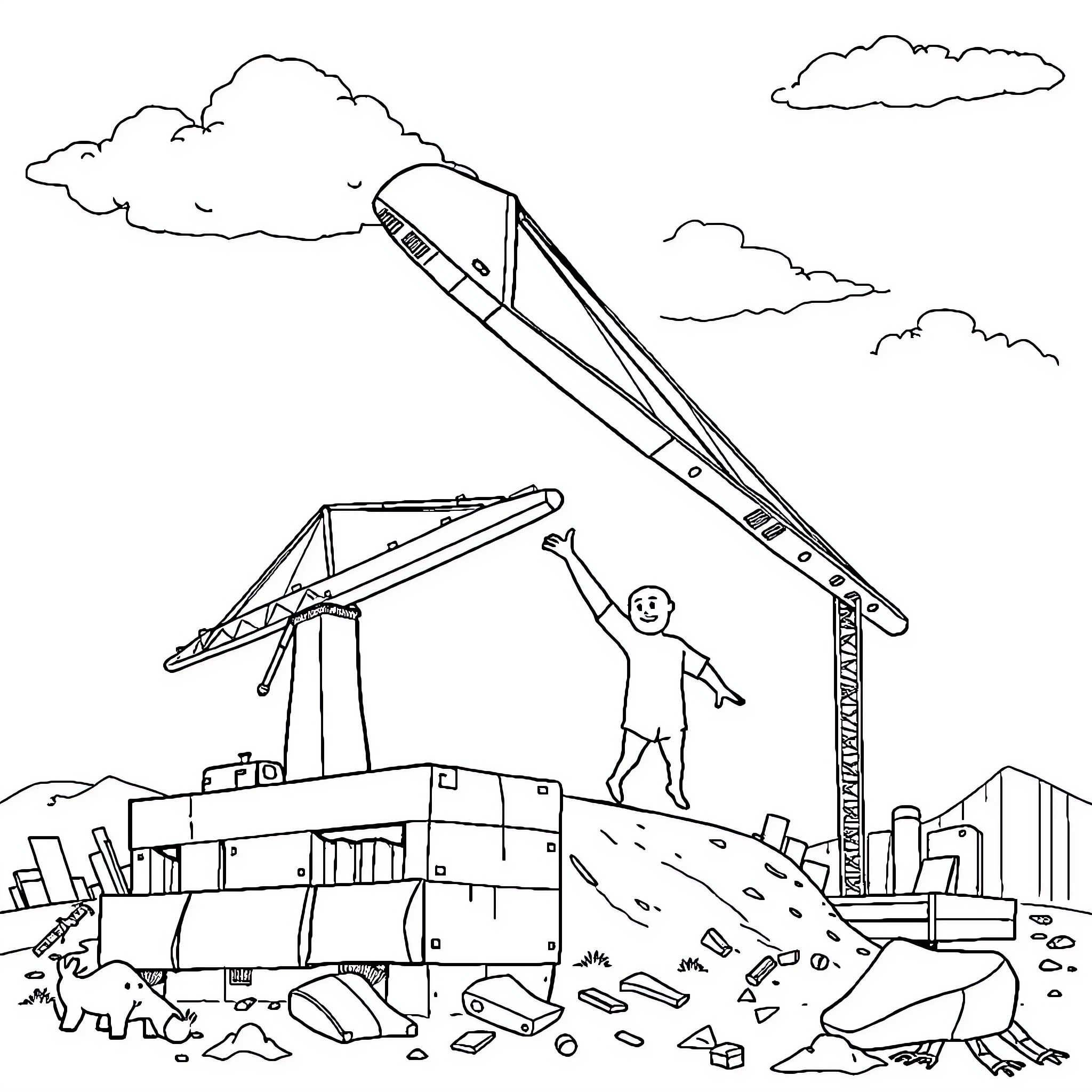 Grúa lifting construction debris in the city Coloring Page (free black-and-white line drawing printable PDF for all, from beginners to advanced learners, including children, teens, adults, and seniors)