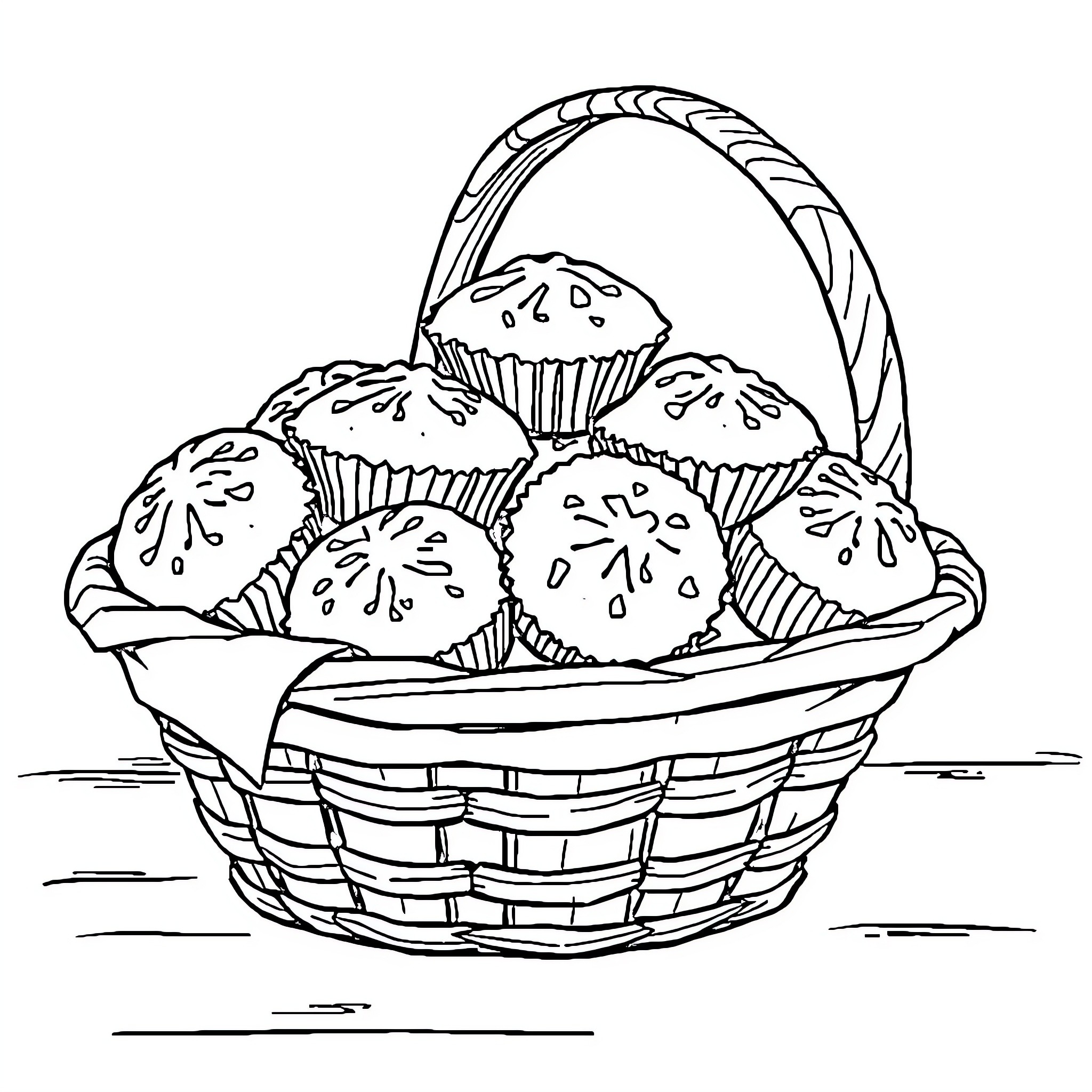 Muffins in a Woven Basket Coloring Page (free black-and-white line drawing printable PDF for all, from beginners to advanced learners, including children, teens, adults, and seniors)