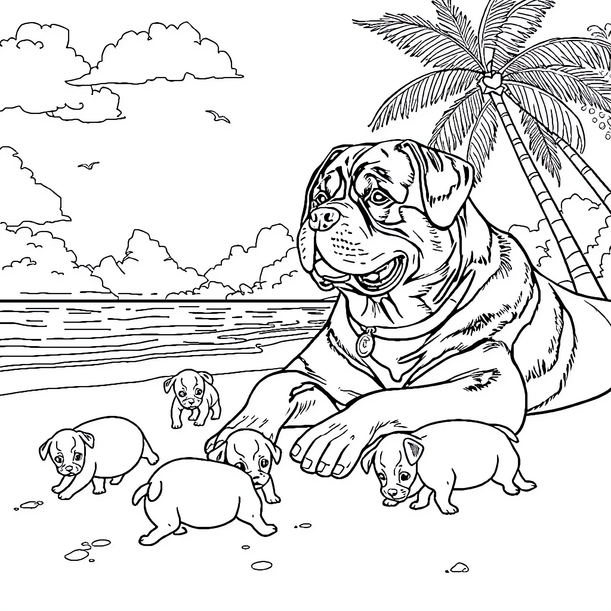 Rottweiler enjoying tropical beach with puppies Coloring Page (free black-and-white line drawing printable PDF for all, from beginners to advanced learners, including children, teens, adults, and seniors)