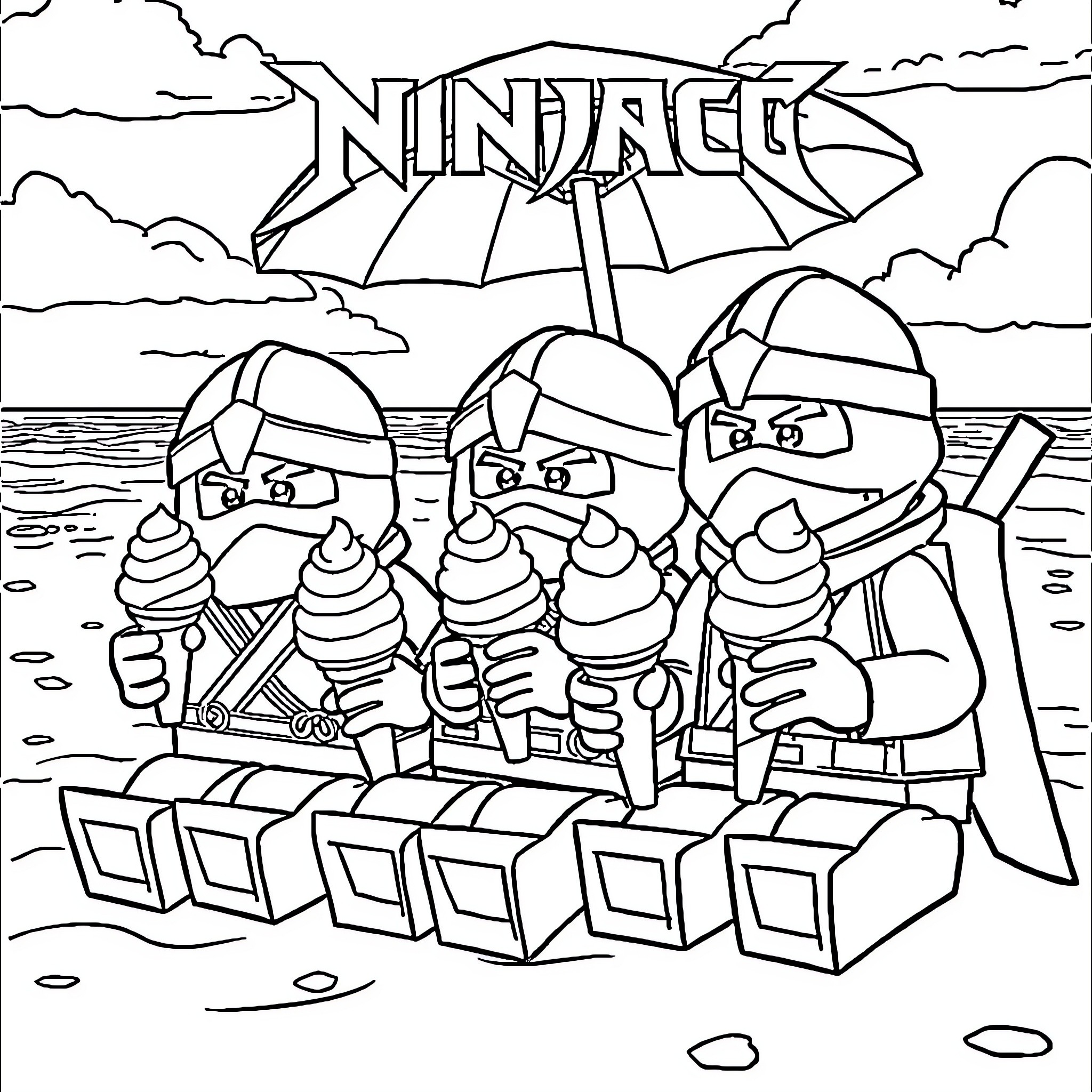 Ninjago warriors training by the sea Coloring Page (free black-and-white line drawing printable PDF for all, from beginners to advanced learners, including children, teens, adults, and seniors)