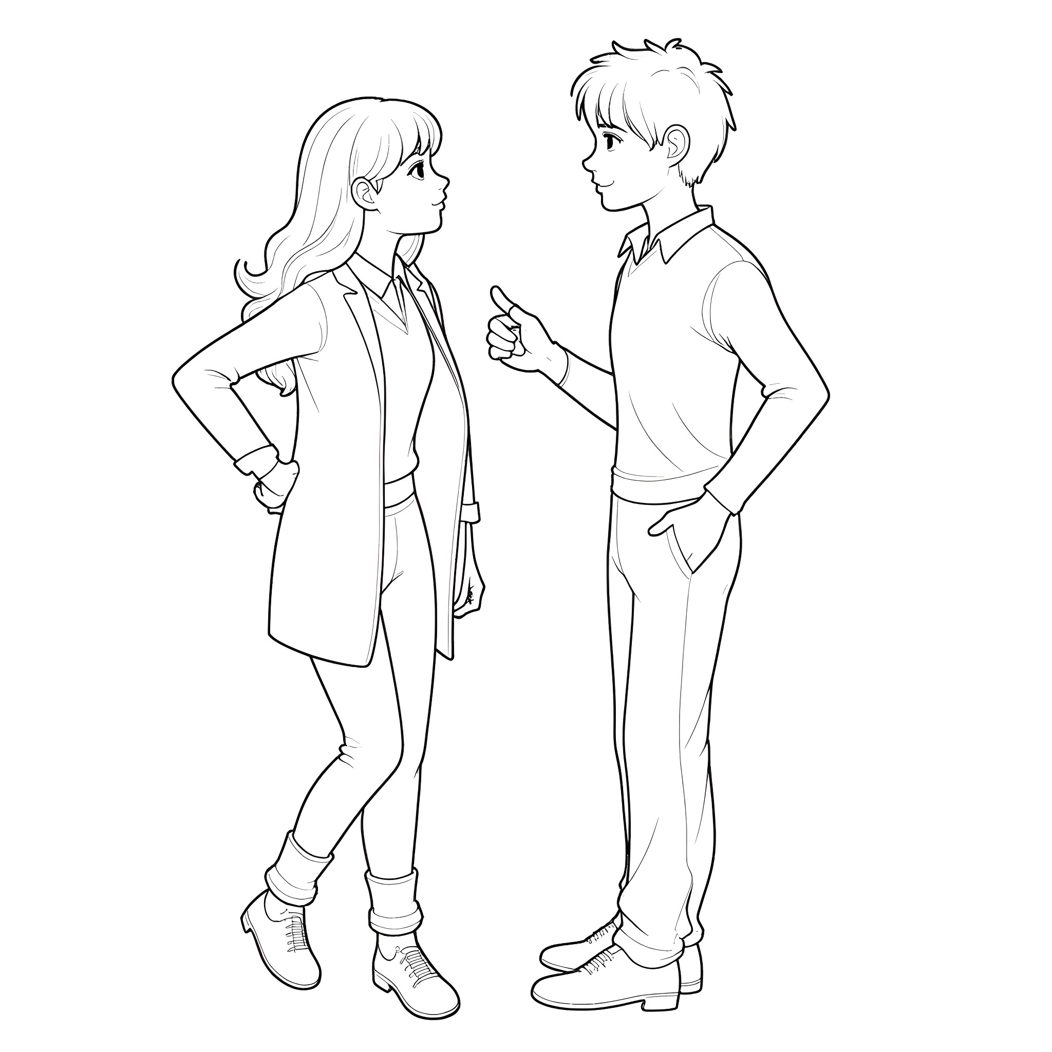 Hermione Granger and companion in conversation Coloring Page (free black-and-white line drawing printable PDF for all, from beginners to advanced learners, including children, teens, adults, and seniors)