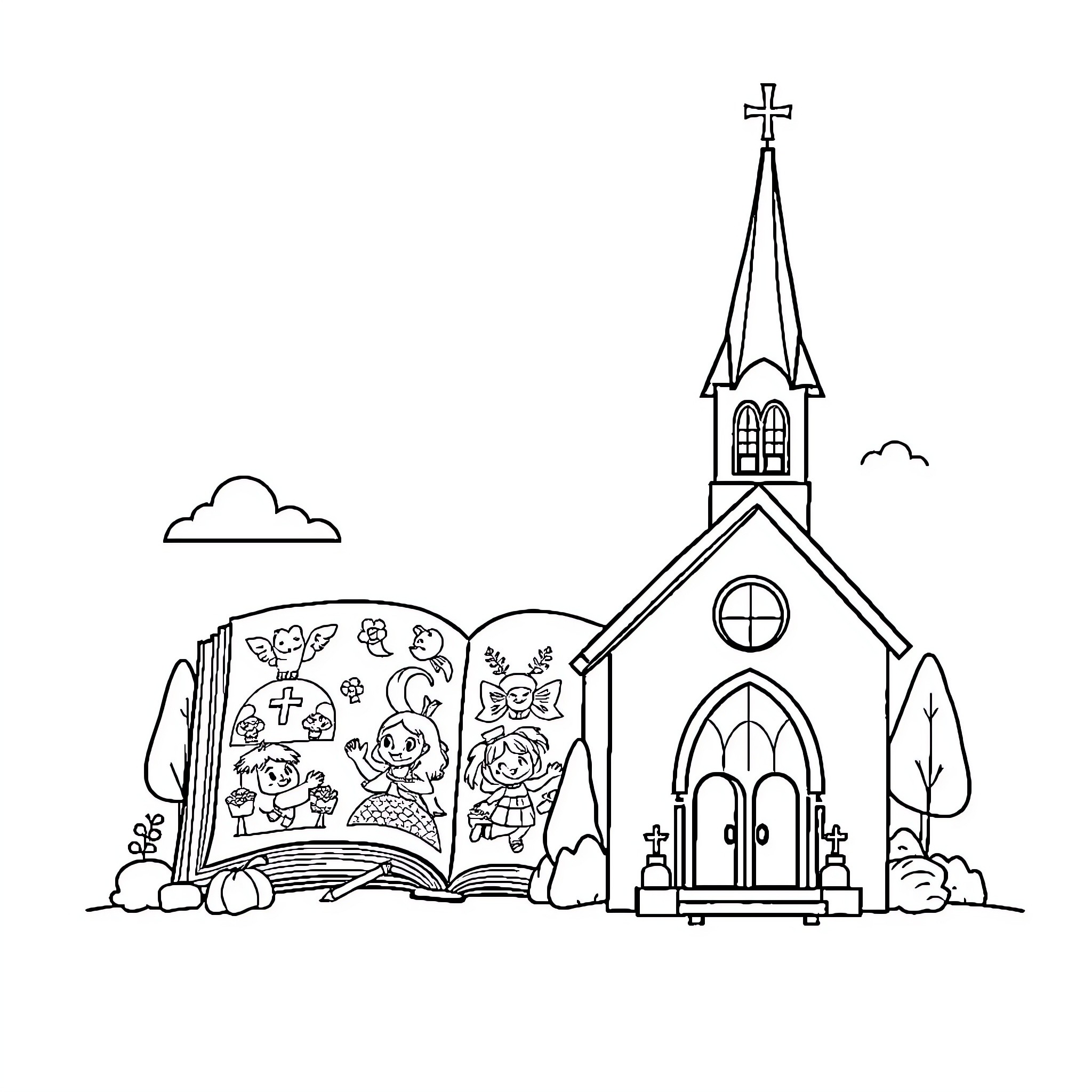 Bible characters in front of church building Coloring Page (free black-and-white line drawing printable PDF for all, from beginners to advanced learners, including children, teens, adults, and seniors)