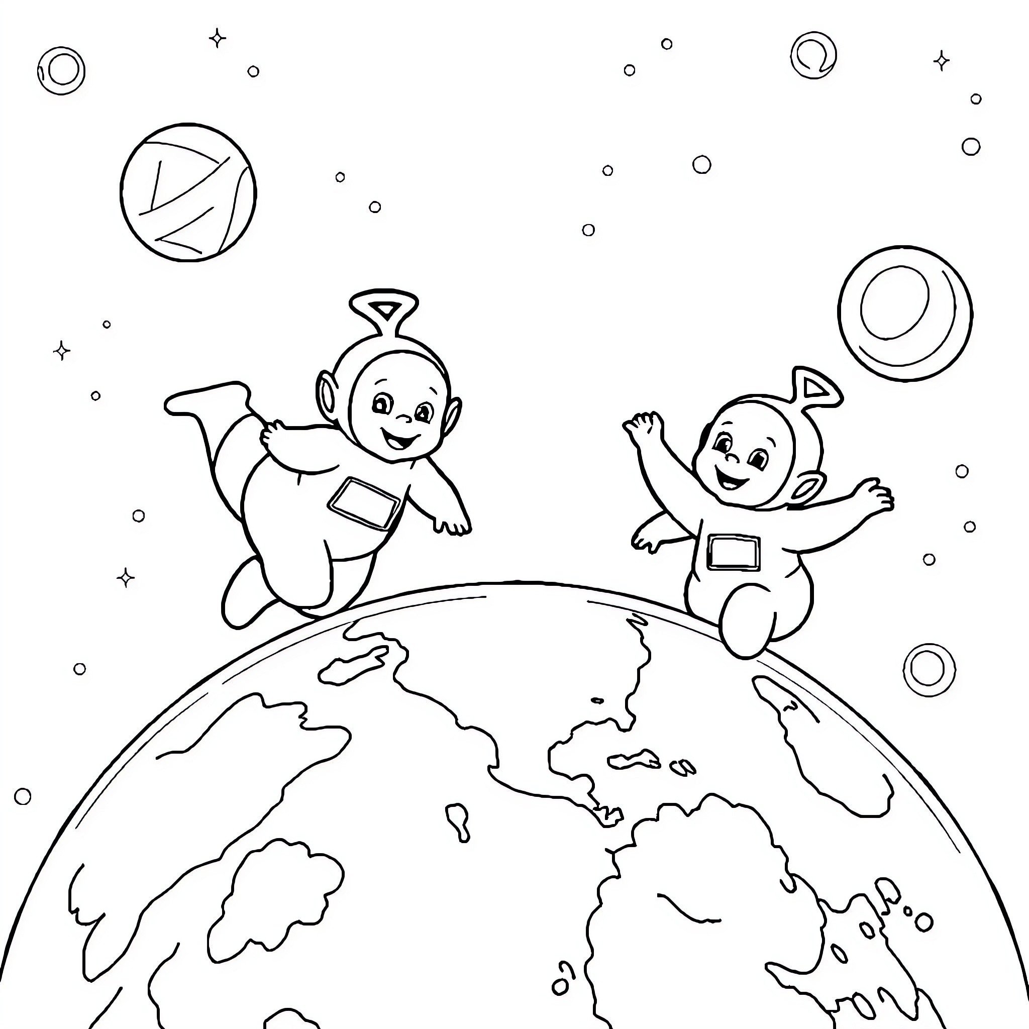 Teletubby characters exploring the universe Coloring Page (free black-and-white line drawing printable PDF for all, from beginners to advanced learners, including children, teens, adults, and seniors)