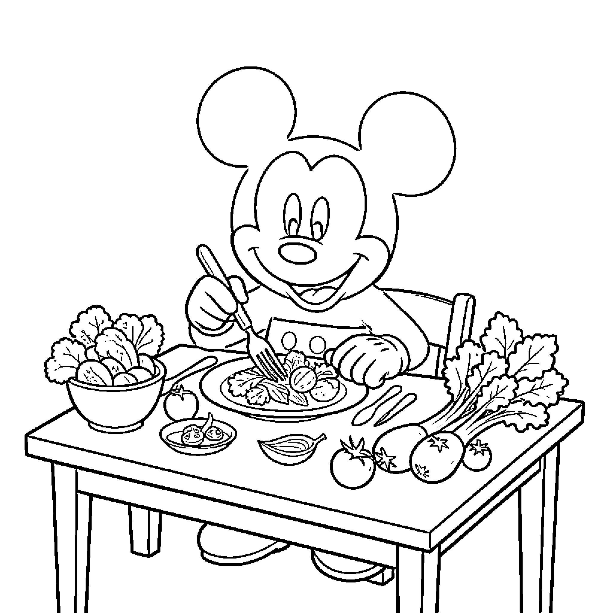 Mickey happily eating a healthy meal at the table Coloring Page (free black-and-white line drawing printable PDF for all, from beginners to advanced learners, including children, teens, adults, and seniors)