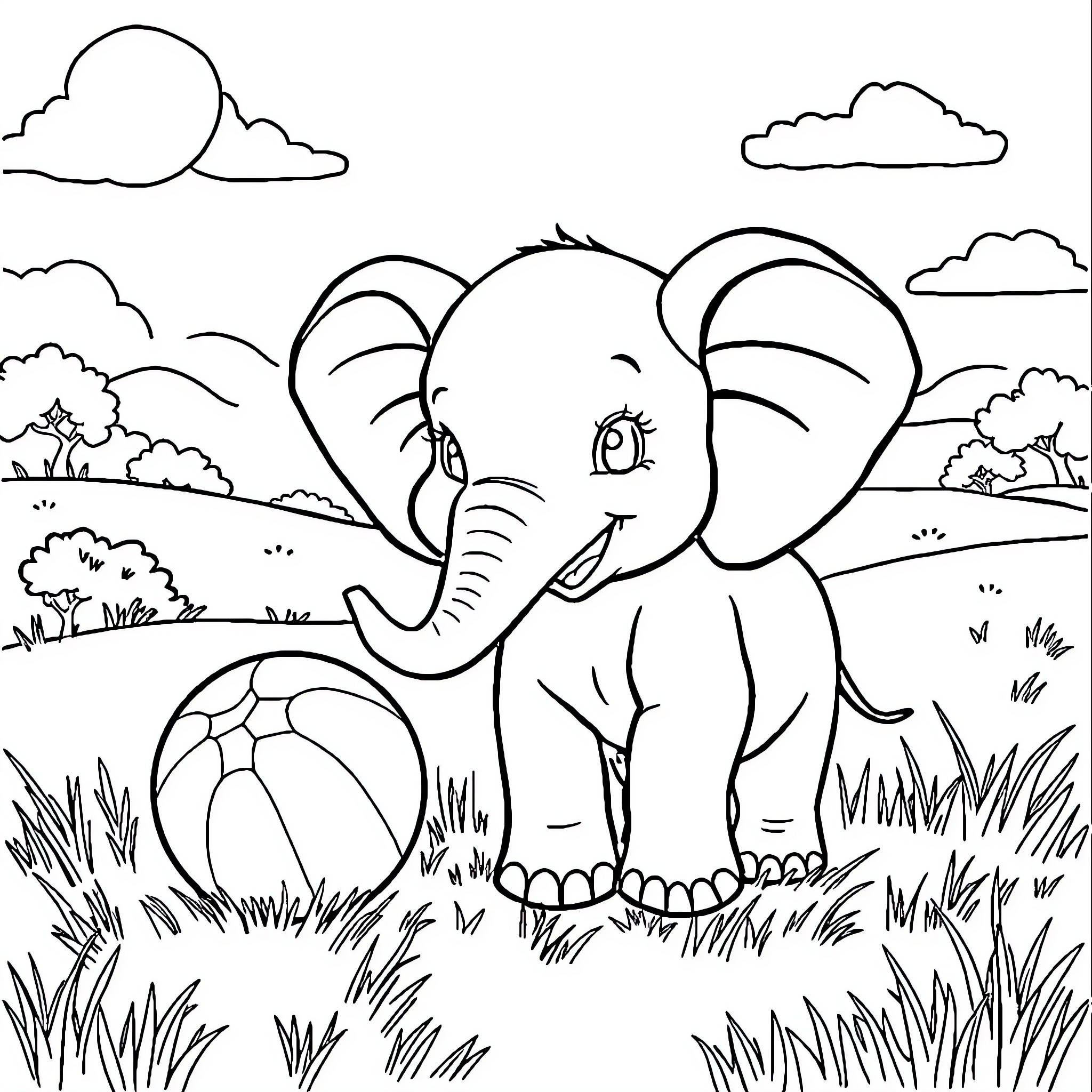 Baby Elephant playing with ball in grassy field Coloring Page (free black-and-white line drawing printable PDF for all, from beginners to advanced learners, including children, teens, adults, and seniors)