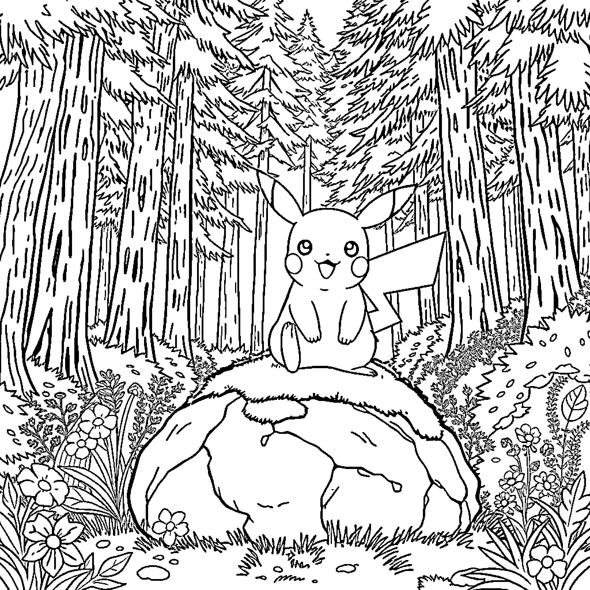 Pikachu exploring the enchanted forest Coloring Page (free black-and-white line drawing printable PDF for all, from beginners to advanced learners, including children, teens, adults, and seniors)