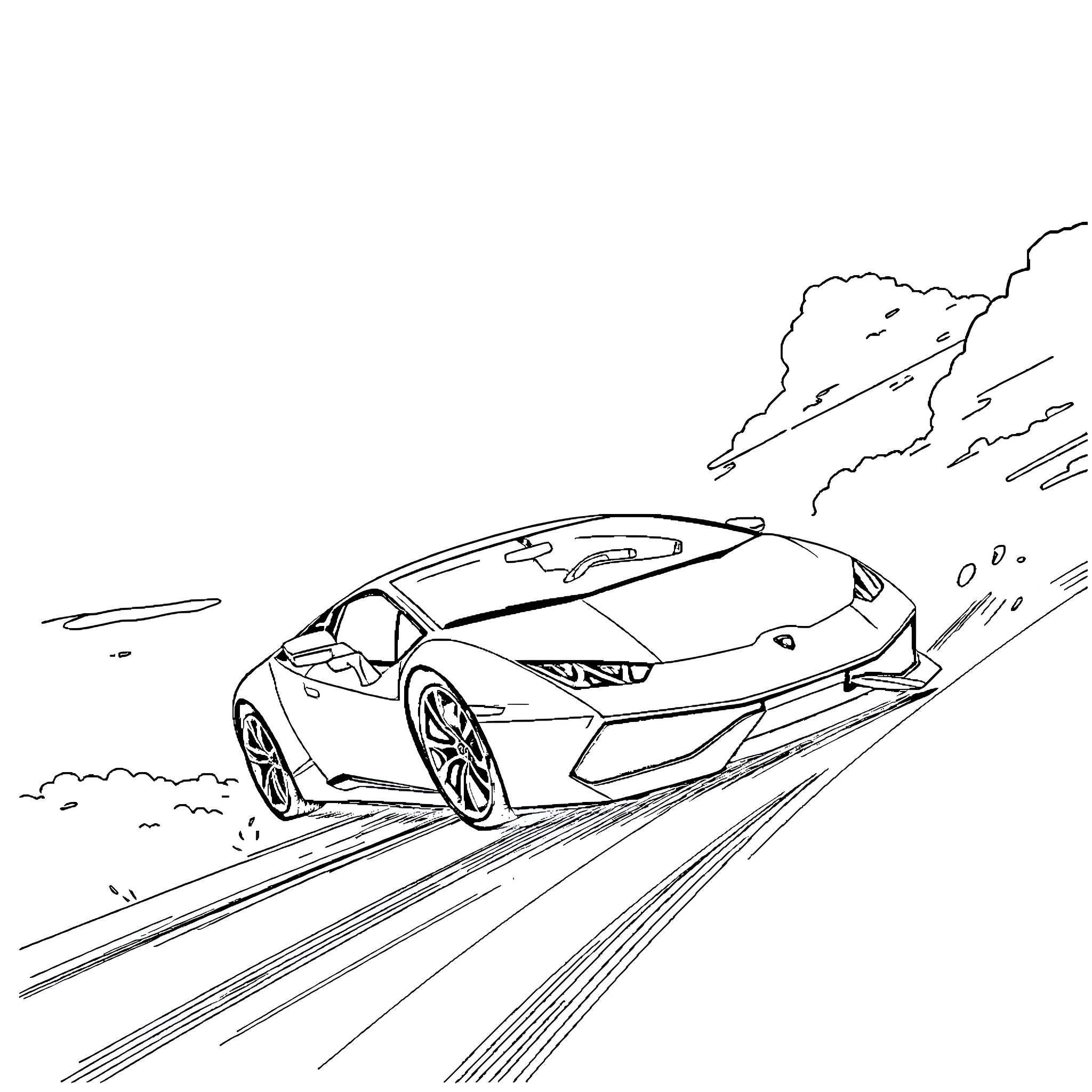 Lamborghini speeding down the open road Coloring Page (free black-and-white line drawing printable PDF for all, from beginners to advanced learners, including children, teens, adults, and seniors)