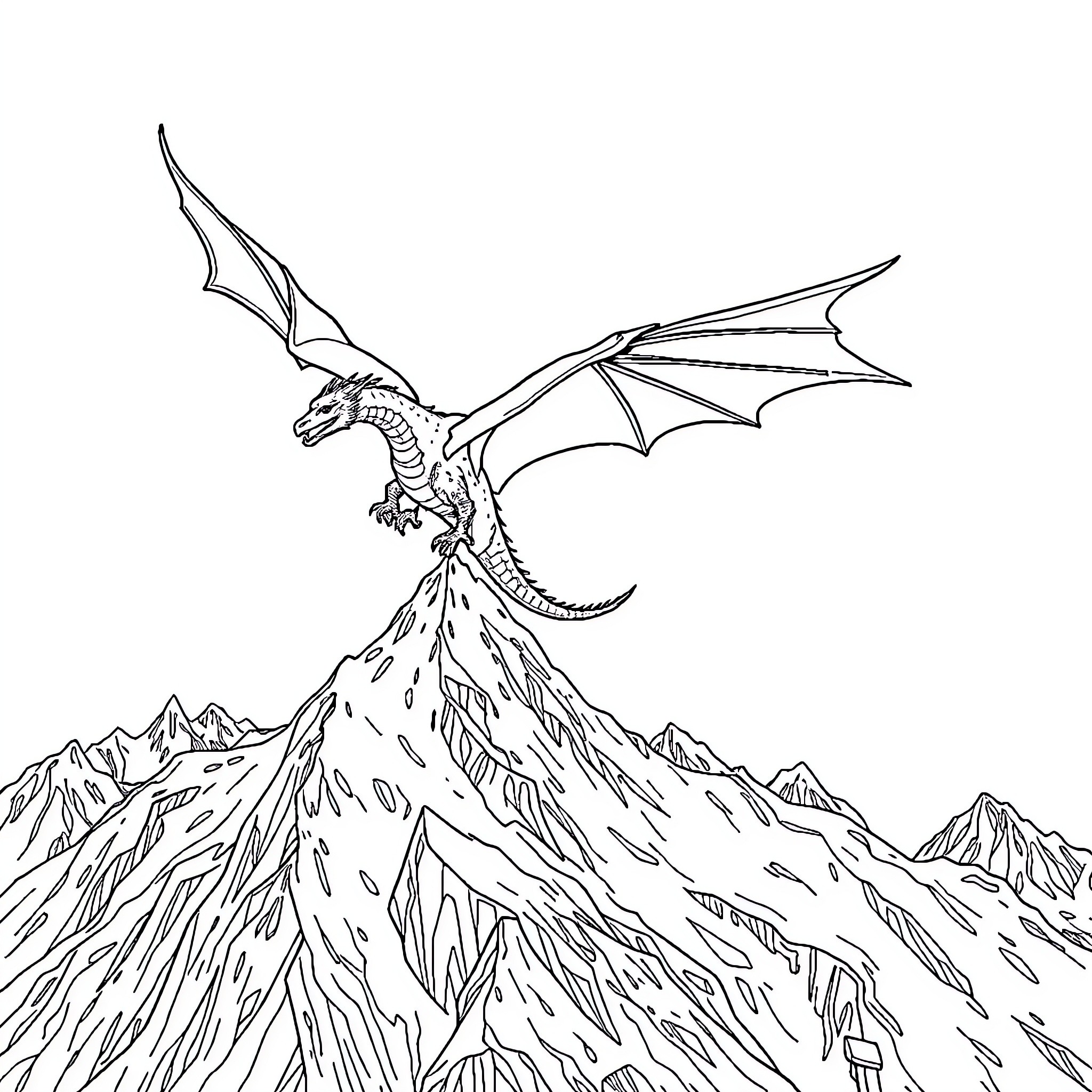 Dragon soaring over rugged mountain peaks Coloring Page (free black-and-white line drawing printable PDF for all, from beginners to advanced learners, including children, teens, adults, and seniors)