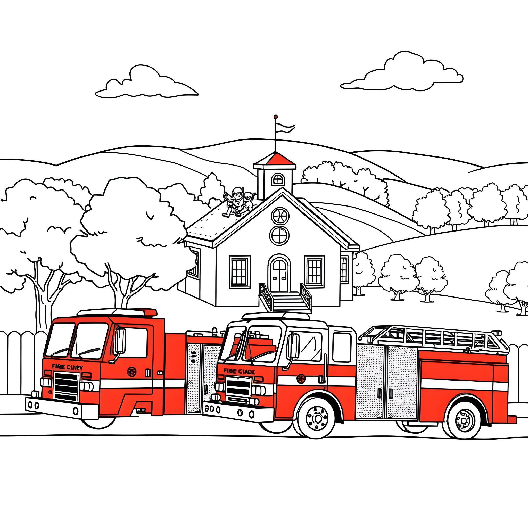 Fire Truck Rushing to Scene in Rural Town Coloring Page (free black-and-white line drawing printable PDF for all, from beginners to advanced learners, including children, teens, adults, and seniors)