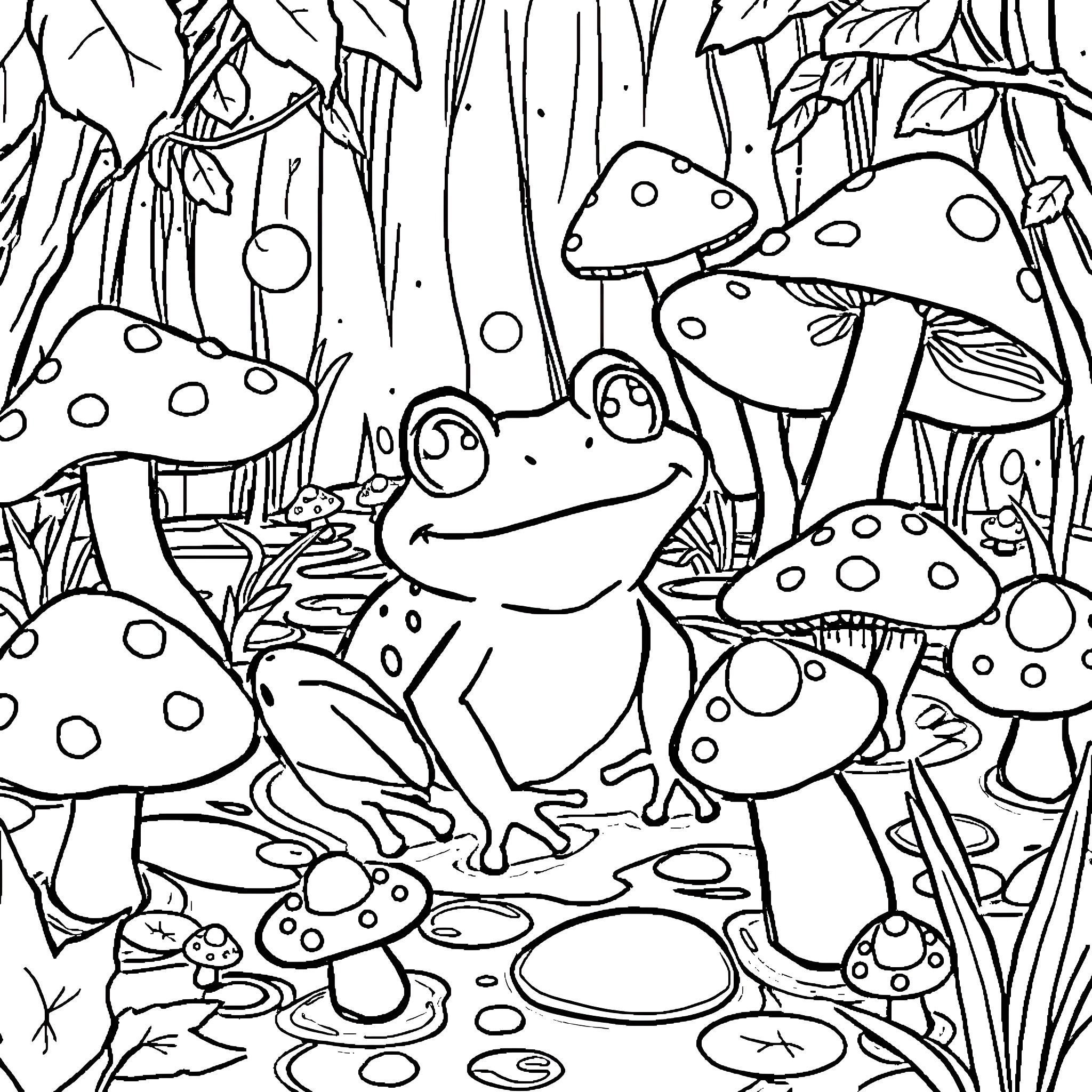 Frog amid mushroom-filled forest Coloring Page (free black-and-white line drawing printable PDF for all, from beginners to advanced learners, including children, teens, adults, and seniors)