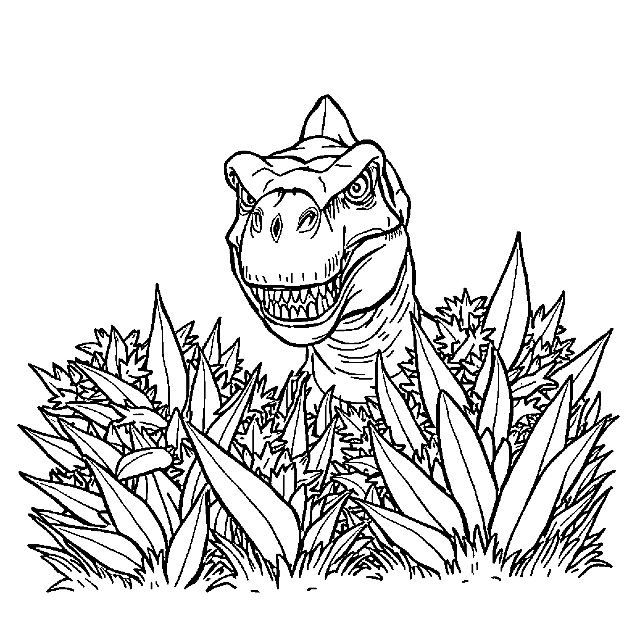 Dinosaur lurking in the jungle foliage Coloring Page (free black-and-white line drawing printable PDF for all, from beginners to advanced learners, including children, teens, adults, and seniors)