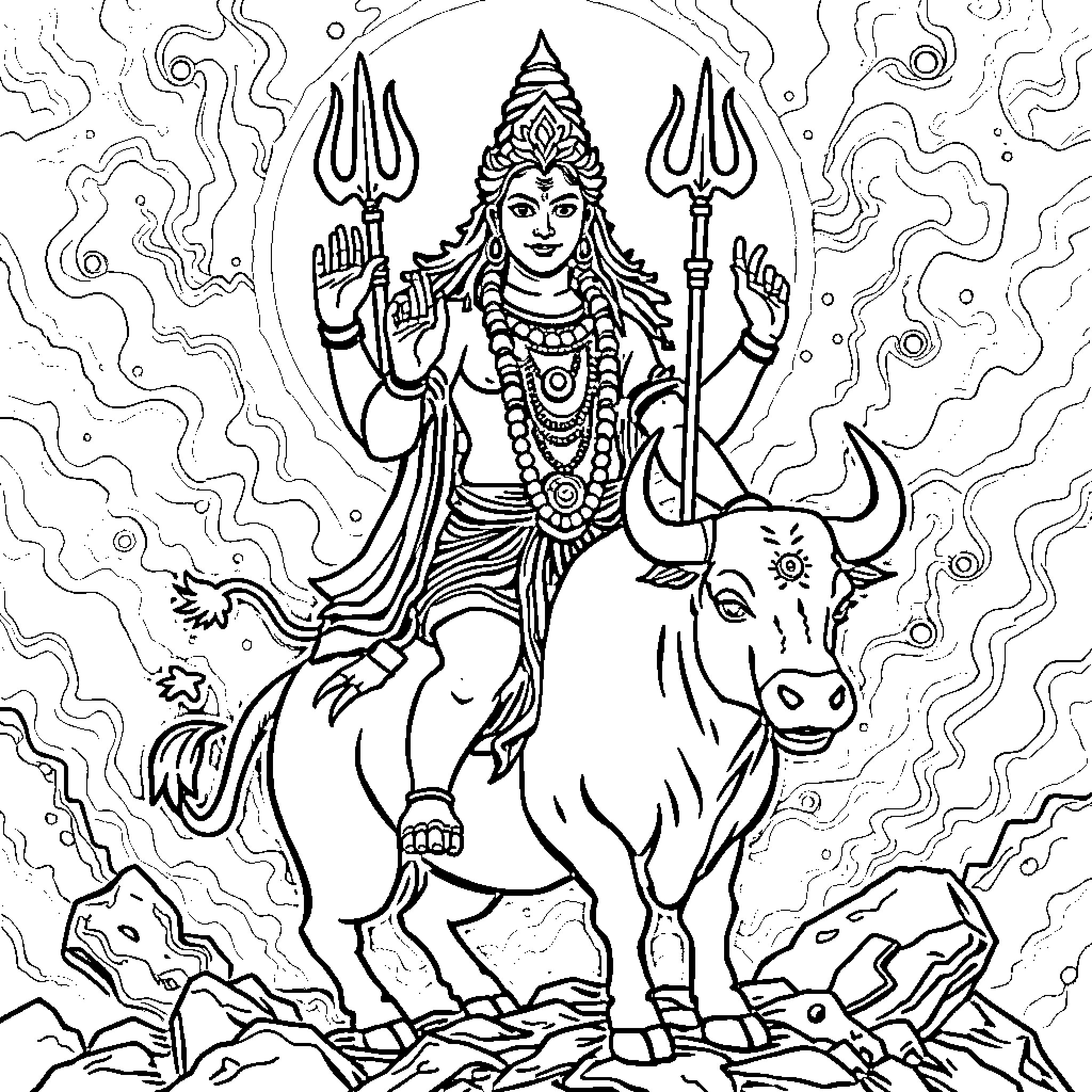 Shiva the Destroyer riding a mighty bull Coloring Page (free black-and-white line drawing printable PDF for all, from beginners to advanced learners, including children, teens, adults, and seniors)