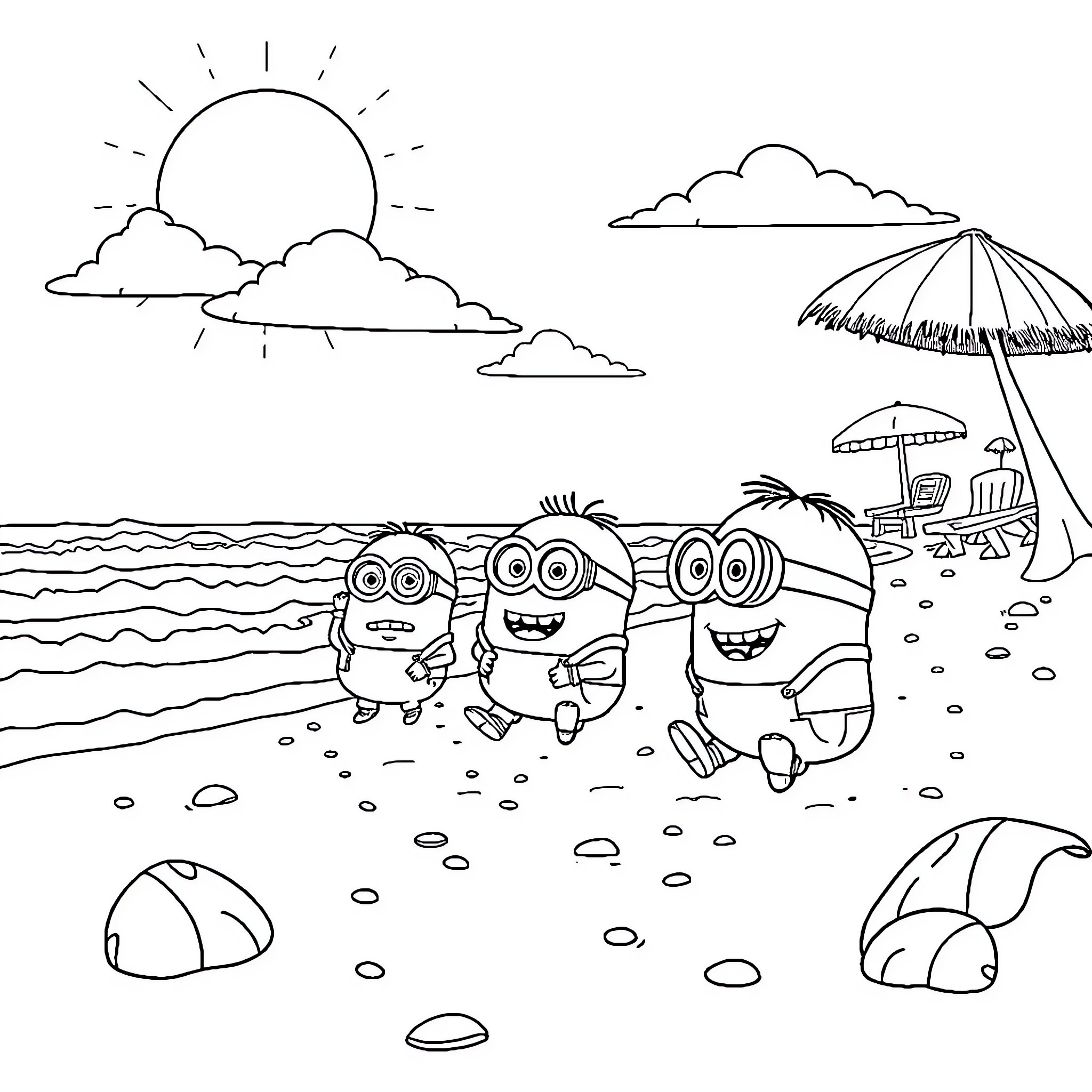 Minions frolicking on the beach under the sun Coloring Page (free black-and-white line drawing printable PDF for all, from beginners to advanced learners, including children, teens, adults, and seniors)