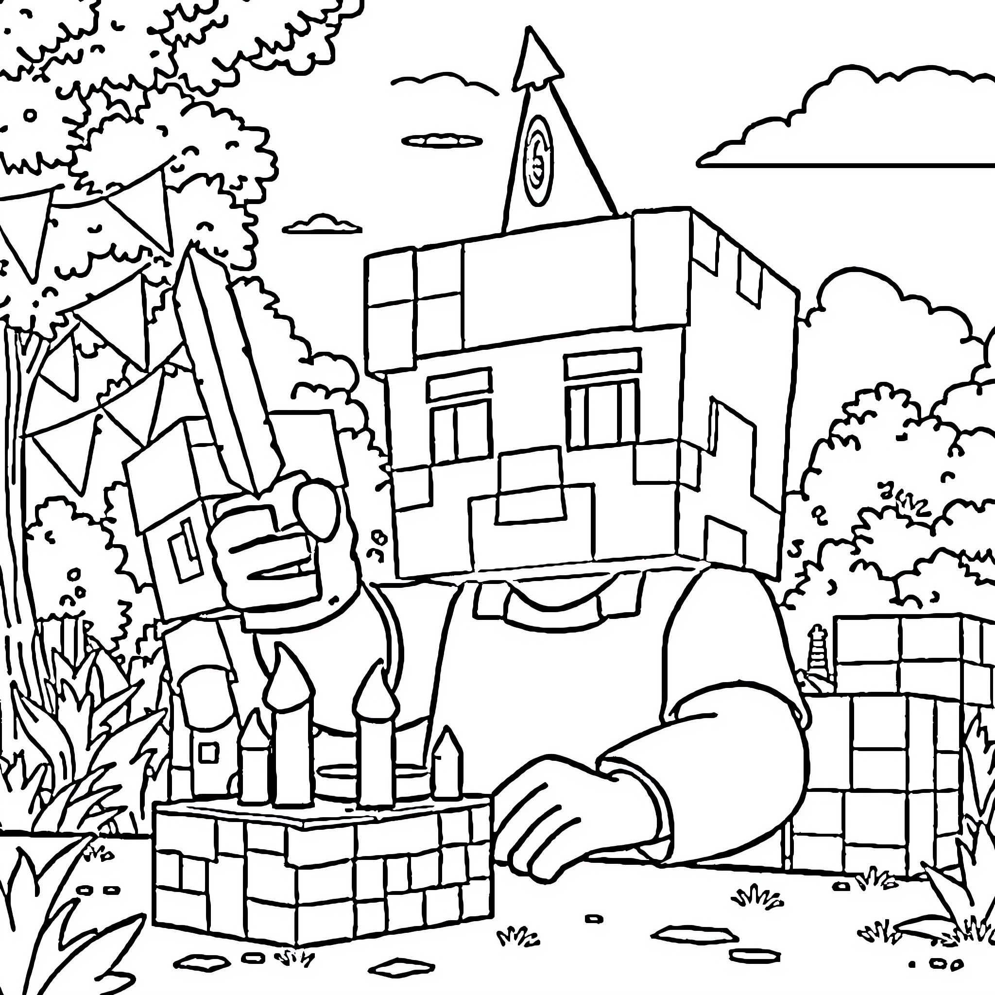 Minecraft community with buildings, trees, and structures Coloring Page (free black-and-white line drawing printable PDF for all, from beginners to advanced learners, including children, teens, adults, and seniors)