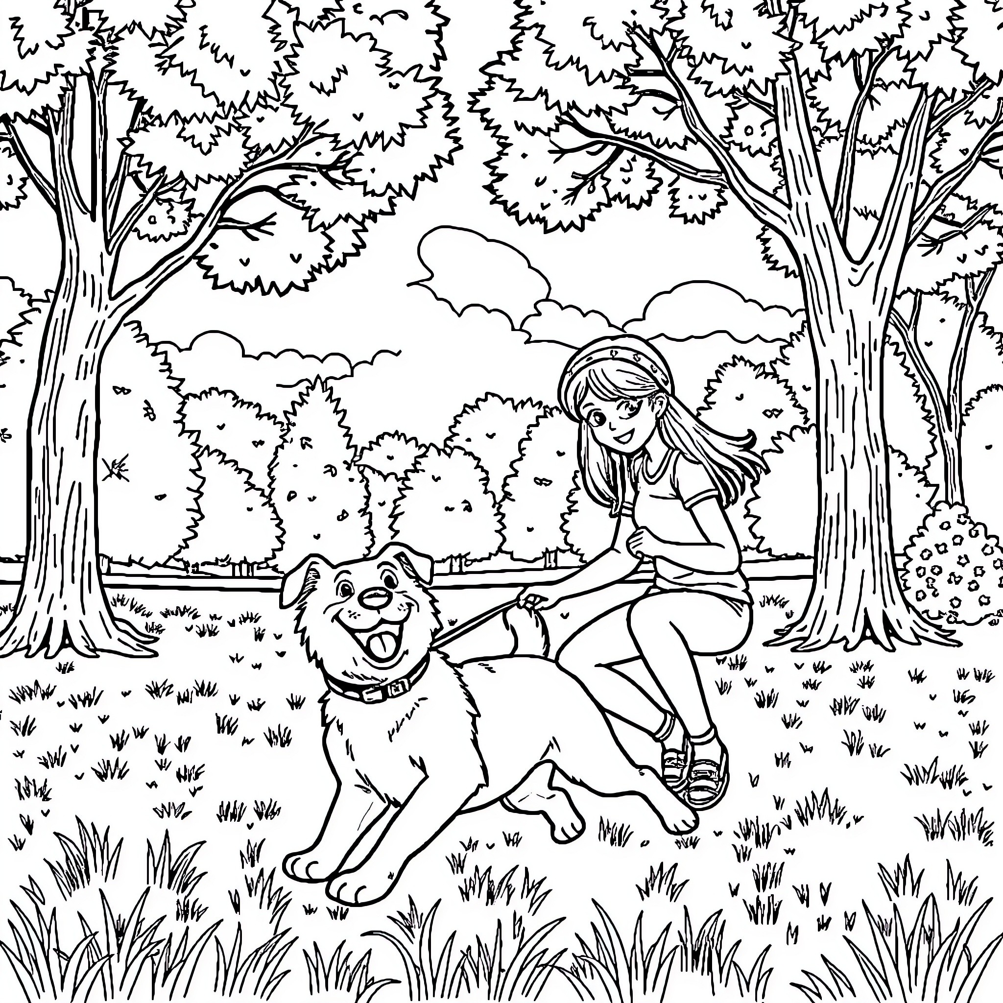 Dog and girl playing in forest Coloring Page (free black-and-white line drawing printable PDF for all, from beginners to advanced learners, including children, teens, adults, and seniors)
