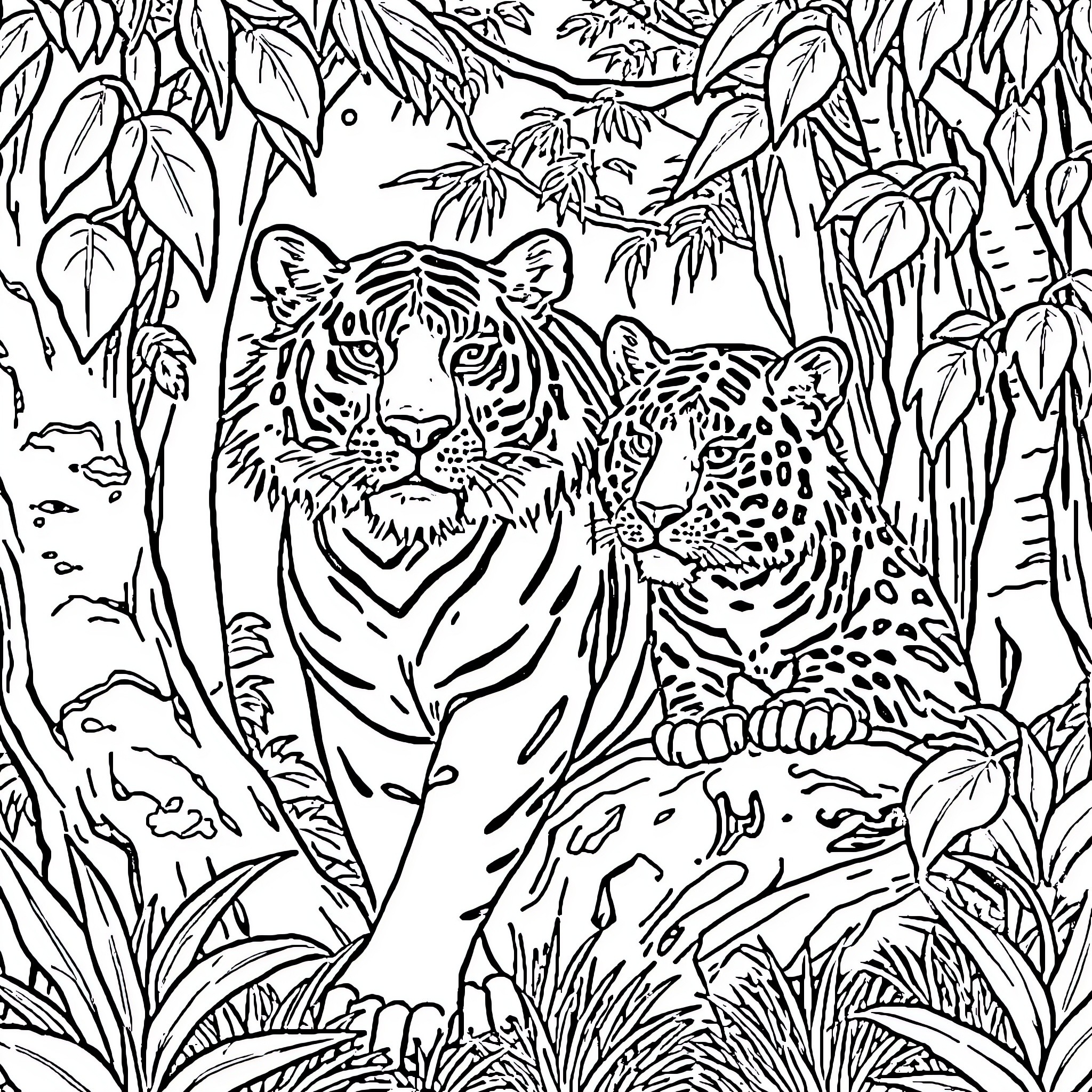 Tiger and Leopard in Tropical Foliage Coloring Page (free black-and-white line drawing printable PDF for all, from beginners to advanced learners, including children, teens, adults, and seniors)