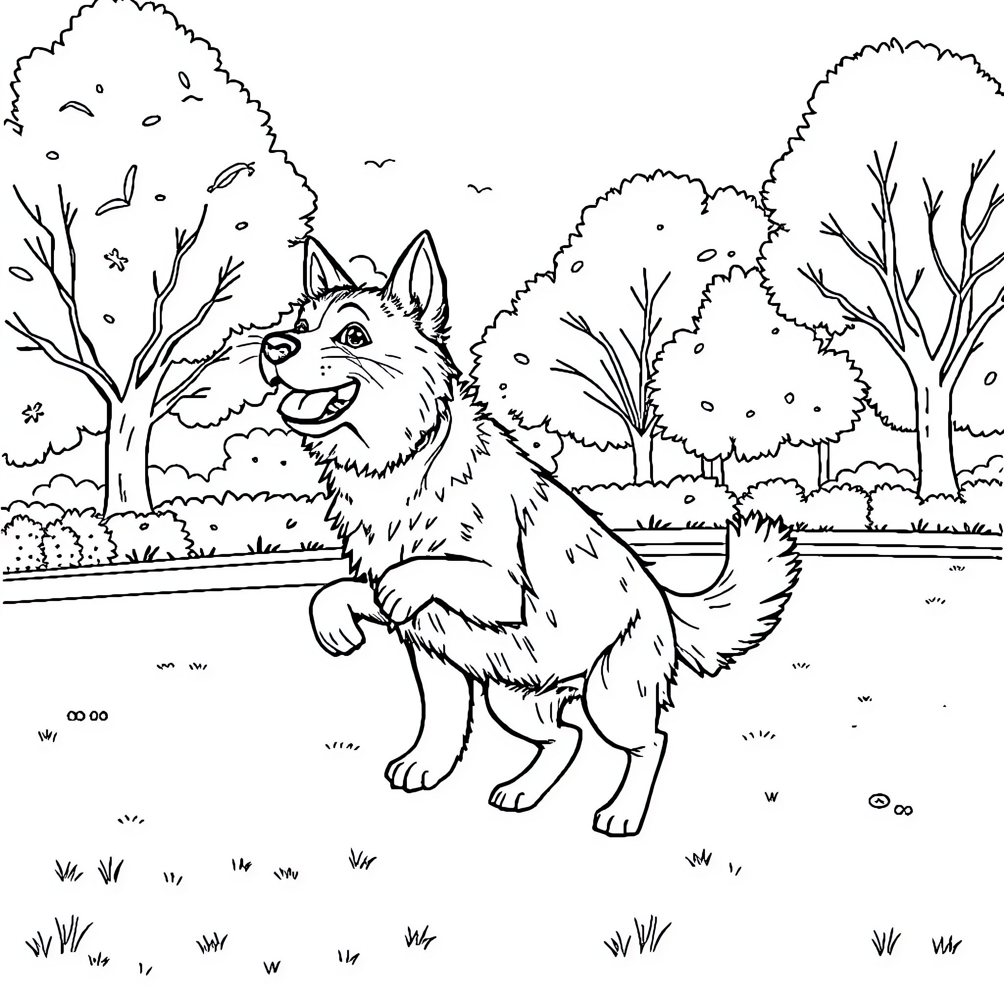 Dog happily exploring outdoor scenery Coloring Page (free black-and-white line drawing printable PDF for all, from beginners to advanced learners, including children, teens, adults, and seniors)