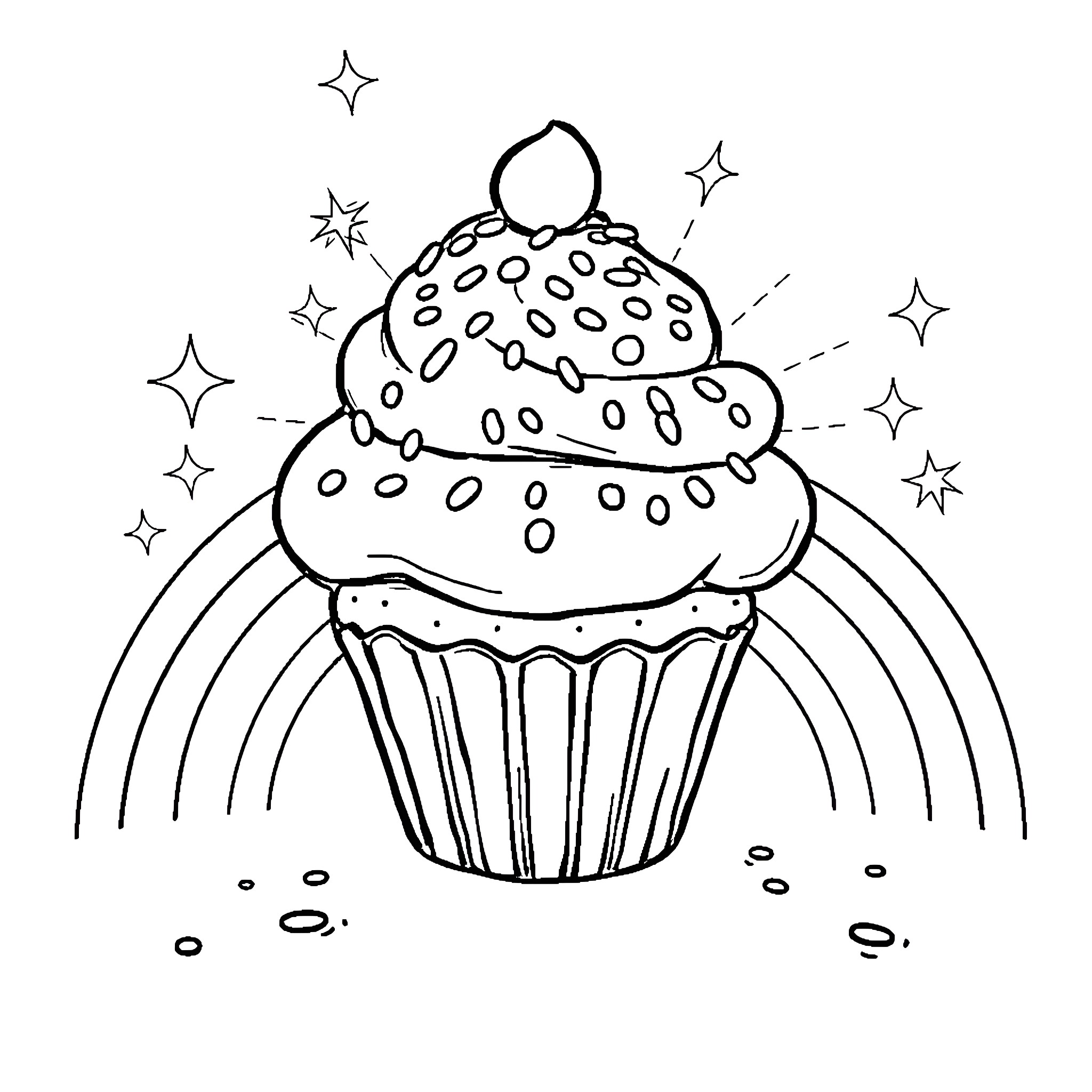 Cupcake with Sparkling Stars Coloring Page (free black-and-white line drawing printable PDF for all, from beginners to advanced learners, including children, teens, adults, and seniors)