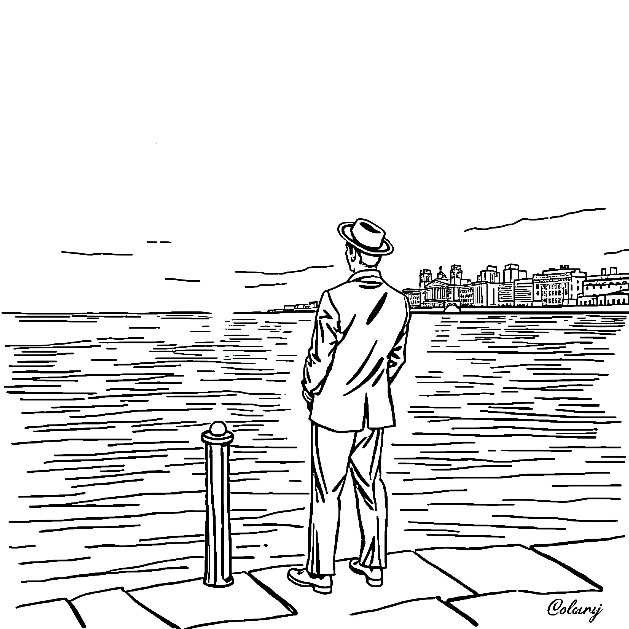 Jay Gatsby overlooking the cityscape with contemplation Coloring Page (free black-and-white line drawing printable PDF for all, from beginners to advanced learners, including children, teens, adults, and seniors)